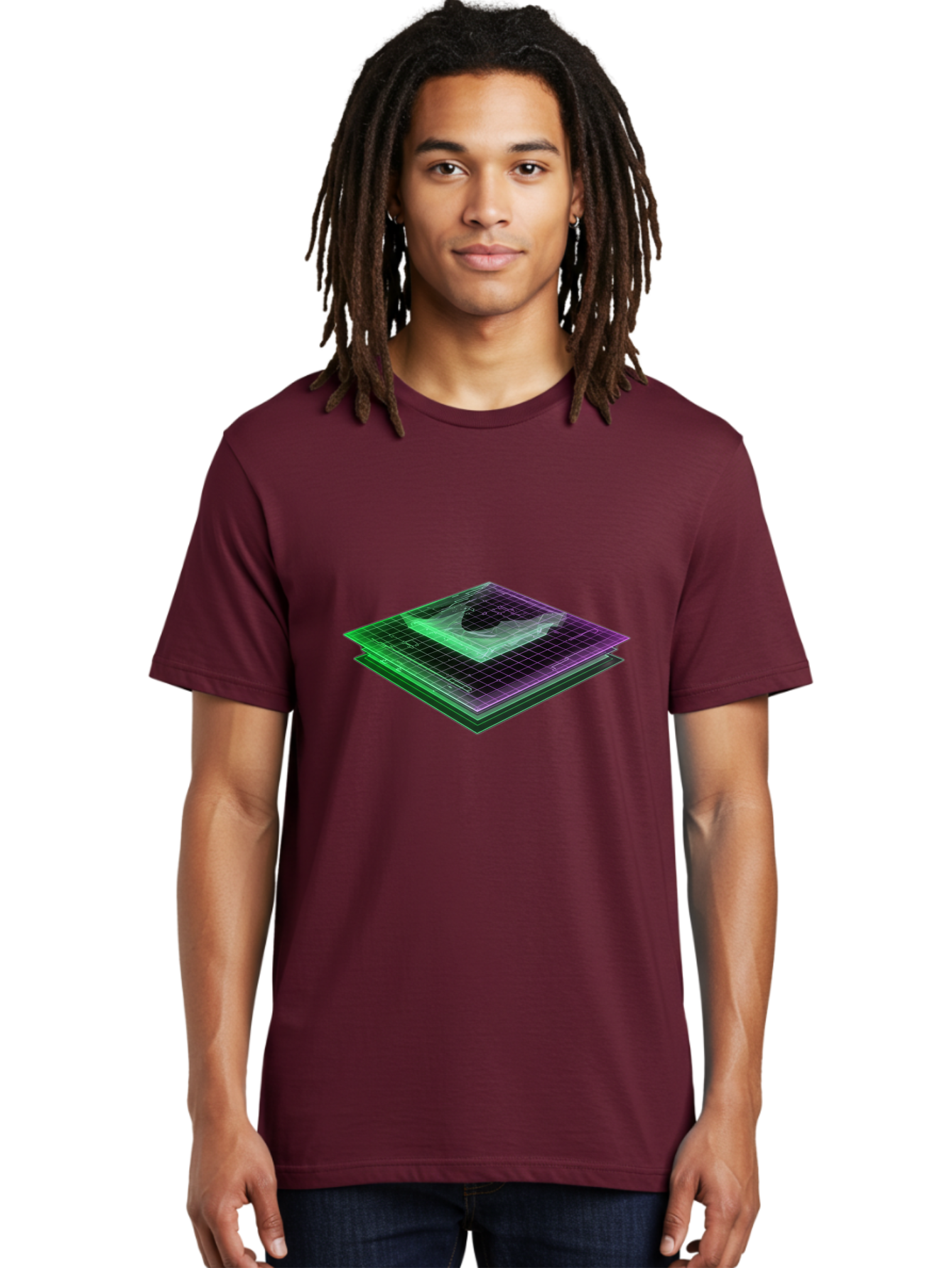 Layered-Grid Men'S Graphic Tee, 100% Cotton, Comfortable Casual Summer Wear, Machine Washable, 3D Grid, Layered Squares, Purple And Green Accents, Grid Pattern, Digital Art, Futuristic Design, Abstract Shapes, Modern Graphic, Layered Effect Baa917