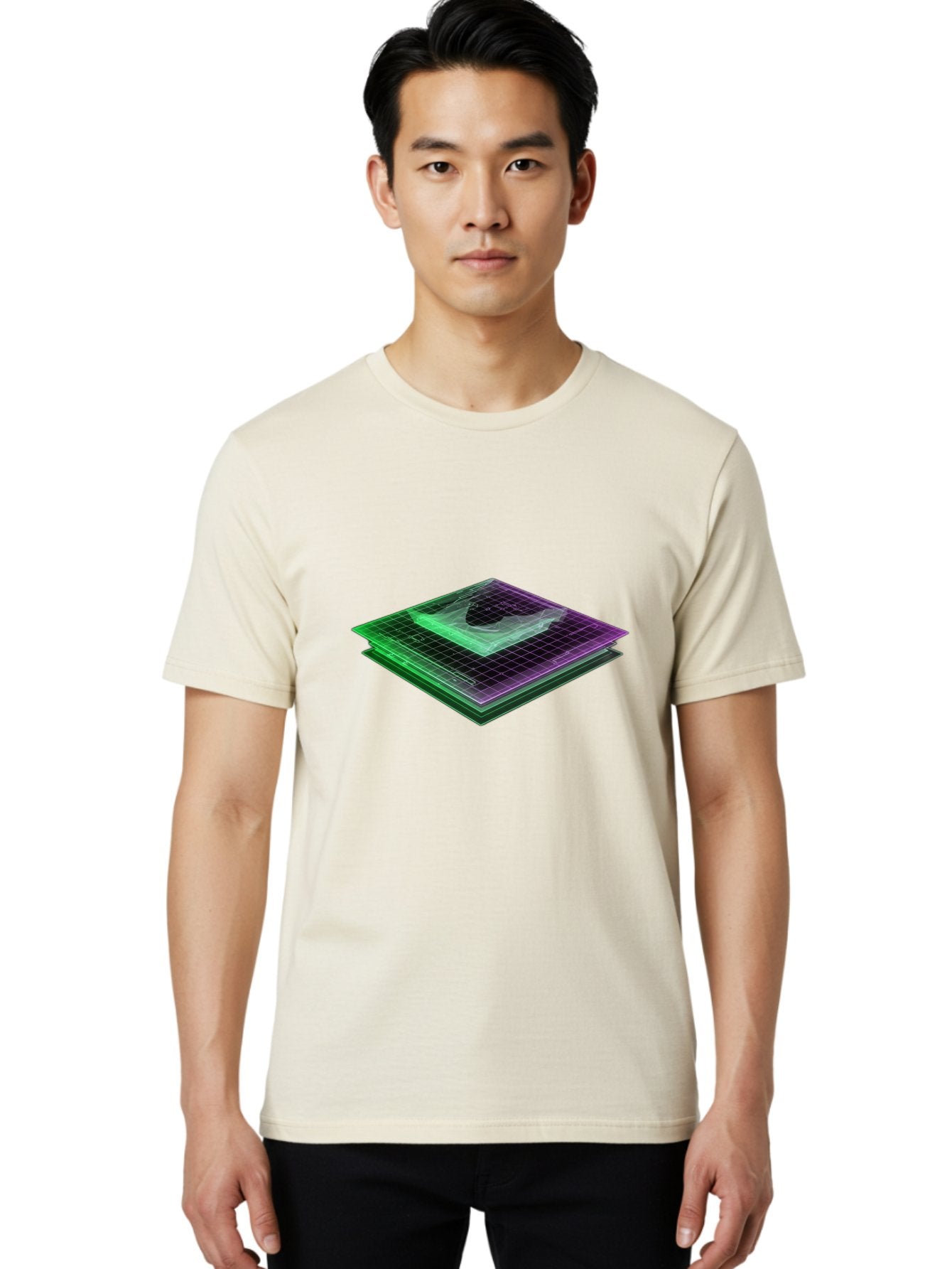 Layered-Grid Men'S Graphic Tee, 100% Cotton, Comfortable Casual Summer Wear, Machine Washable, 3D Grid, Layered Squares, Purple And Green Accents, Grid Pattern, Digital Art, Futuristic Design, Abstract Shapes, Modern Graphic, Layered Effect Baa917 26