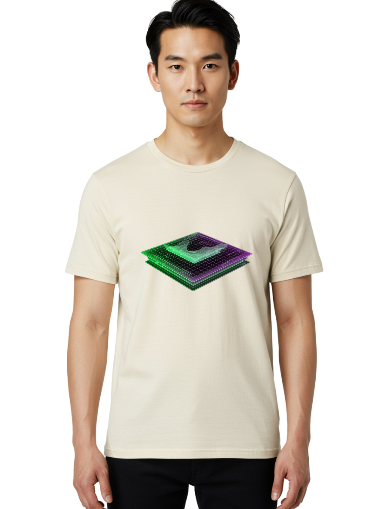 Layered-Grid Men'S Graphic Tee, 100% Cotton, Comfortable Casual Summer Wear, Machine Washable, 3D Grid, Layered Squares, Purple And Green Accents, Grid Pattern, Digital Art, Futuristic Design, Abstract Shapes, Modern Graphic, Layered Effect Baa917 10