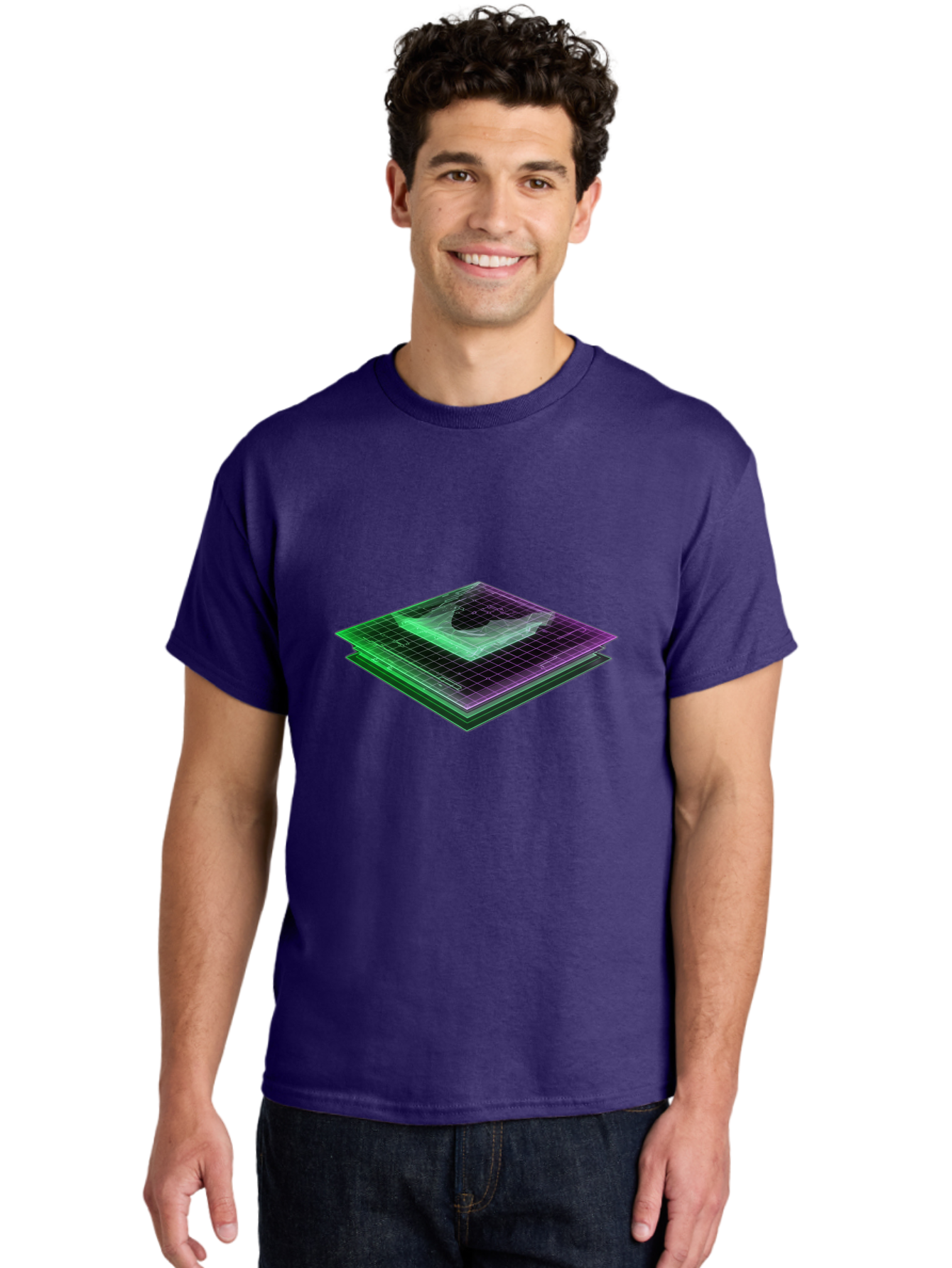 Layered-Grid Men'S Graphic Tee, 100% Cotton, Comfortable Casual Summer Wear, Machine Washable, 3D Grid, Layered Squares, Purple And Green Accents, Grid Pattern, Digital Art, Futuristic Design, Abstract Shapes, Modern Graphic, Layered Effect Baa917 20