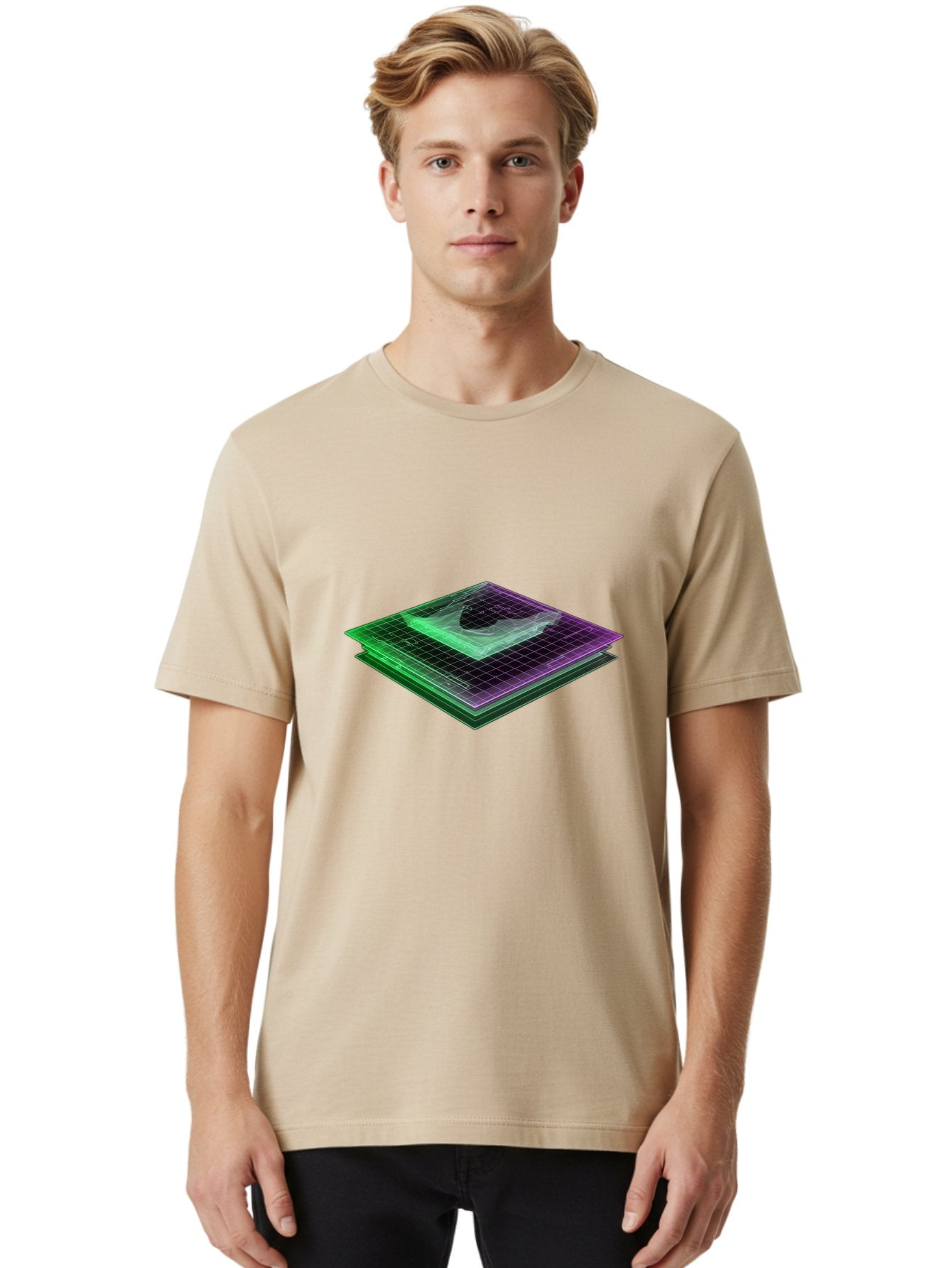 Layered-Grid Men'S Graphic Tee, 100% Cotton, Comfortable Casual Summer Wear, Machine Washable, 3D Grid, Layered Squares, Purple And Green Accents, Grid Pattern, Digital Art, Futuristic Design, Abstract Shapes, Modern Graphic, Layered Effect Baa917 17