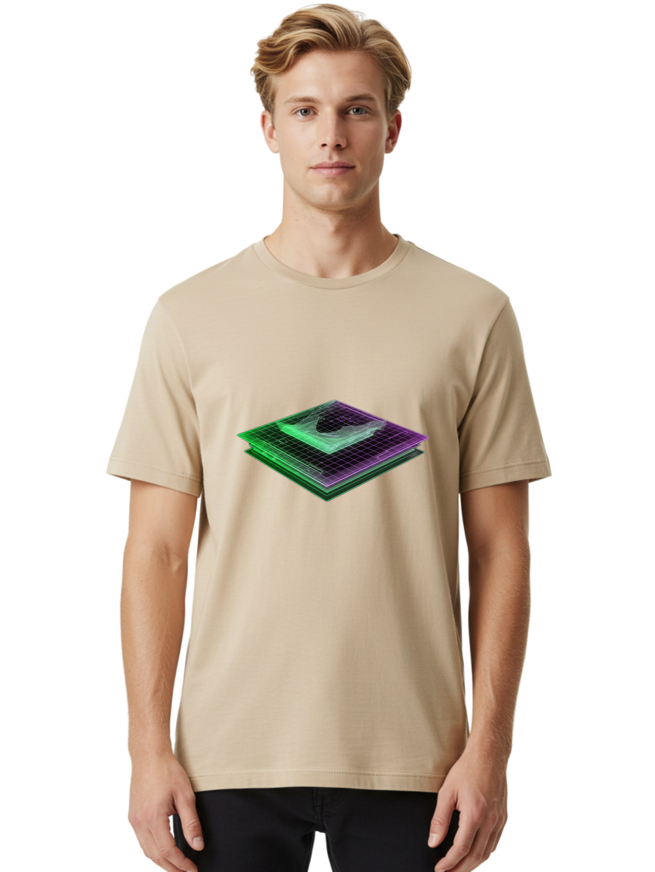 Layered-Grid Men'S Graphic Tee, 100% Cotton, Comfortable Casual Summer Wear, Machine Washable, 3D Grid, Layered Squares, Purple And Green Accents, Grid Pattern, Digital Art, Futuristic Design, Abstract Shapes, Modern Graphic, Layered Effect Baa917 28