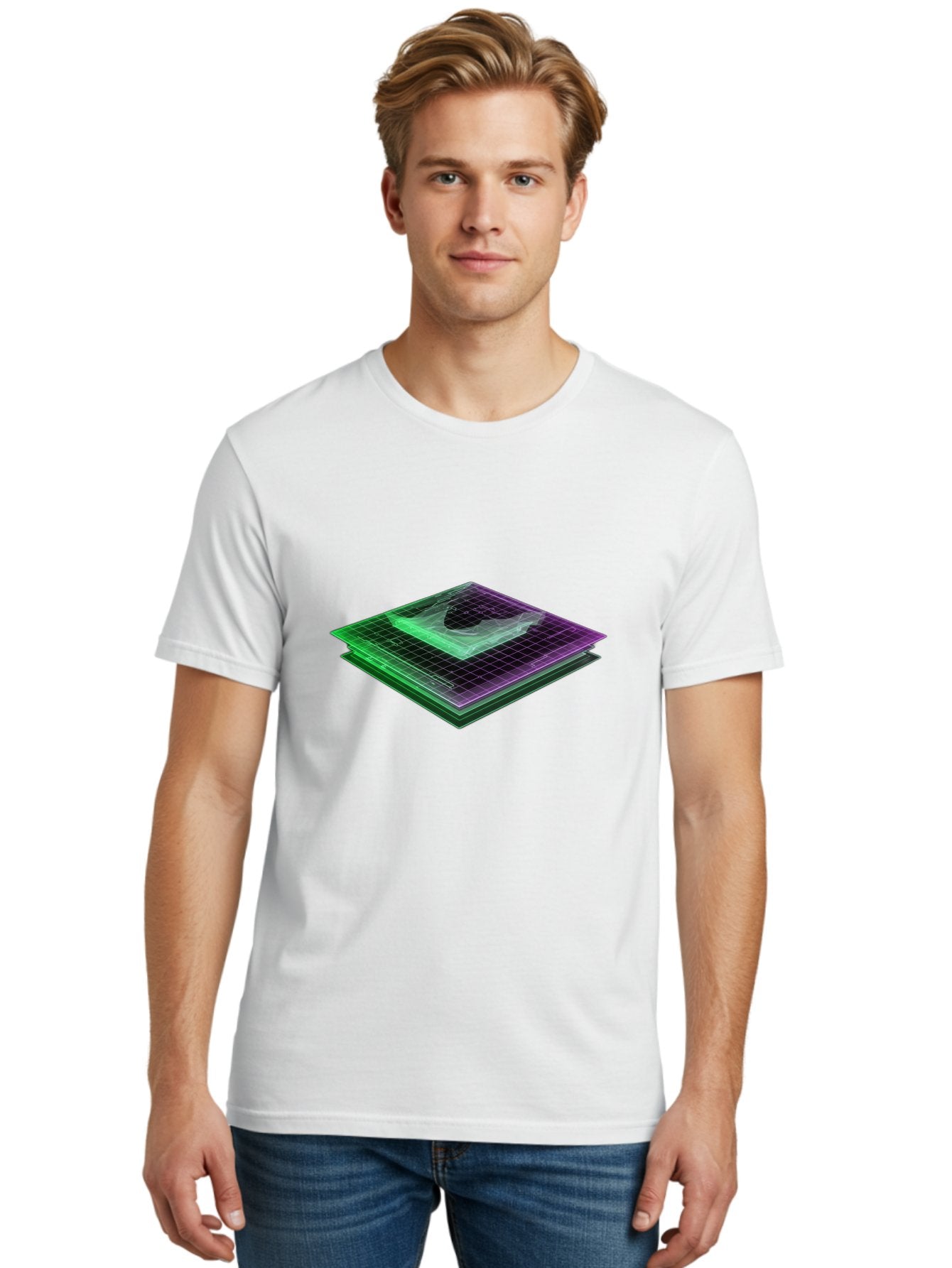 Layered-Grid Men'S Graphic Tee, 100% Cotton, Comfortable Casual Summer Wear, Machine Washable, 3D Grid, Layered Squares, Purple And Green Accents, Grid Pattern, Digital Art, Futuristic Design, Abstract Shapes, Modern Graphic, Layered Effect Baa917 18