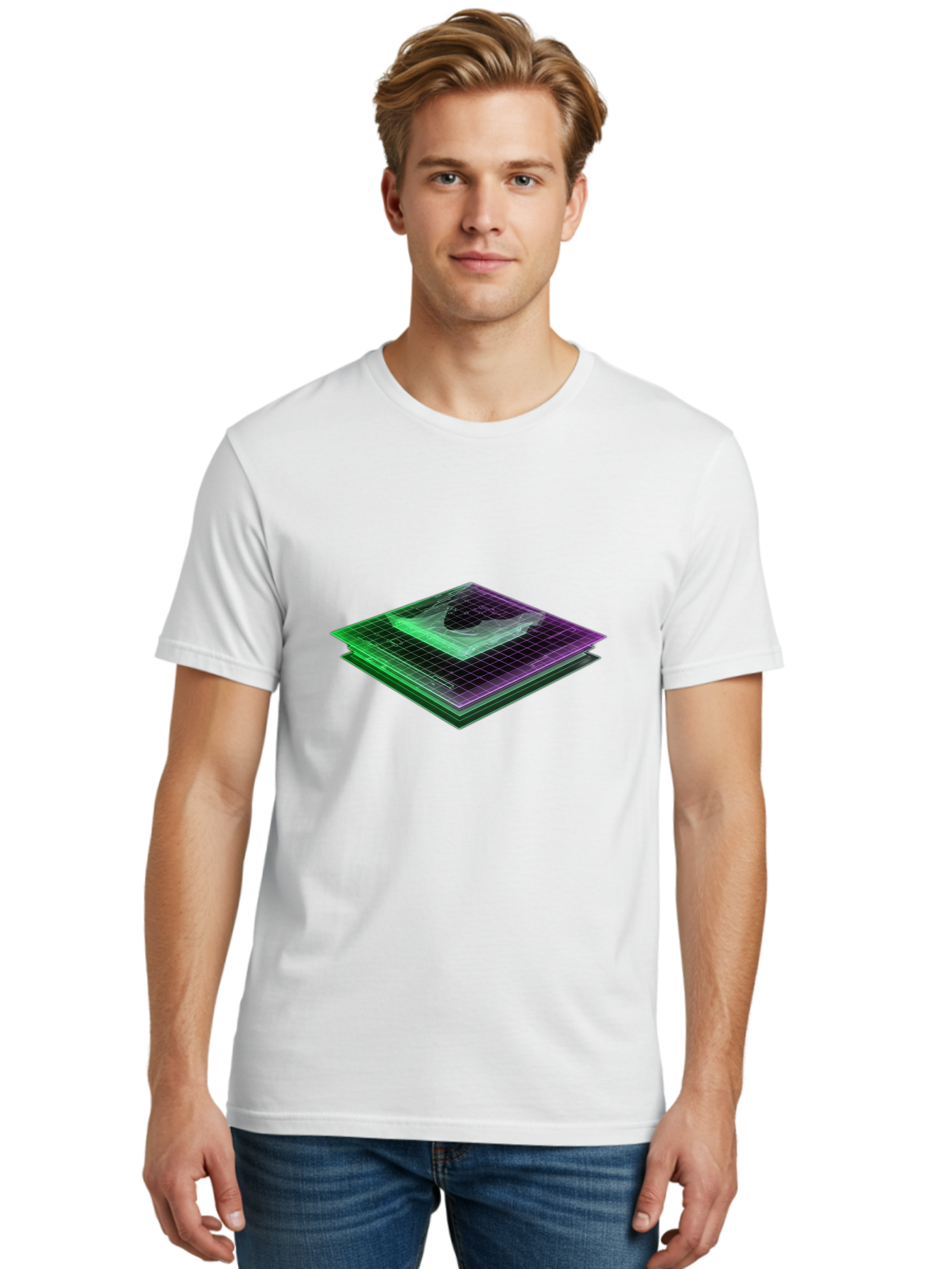 Layered-Grid Men'S Graphic Tee, 100% Cotton, Comfortable Casual Summer Wear, Machine Washable, 3D Grid, Layered Squares, Purple And Green Accents, Grid Pattern, Digital Art, Futuristic Design, Abstract Shapes, Modern Graphic, Layered Effect Baa917 24