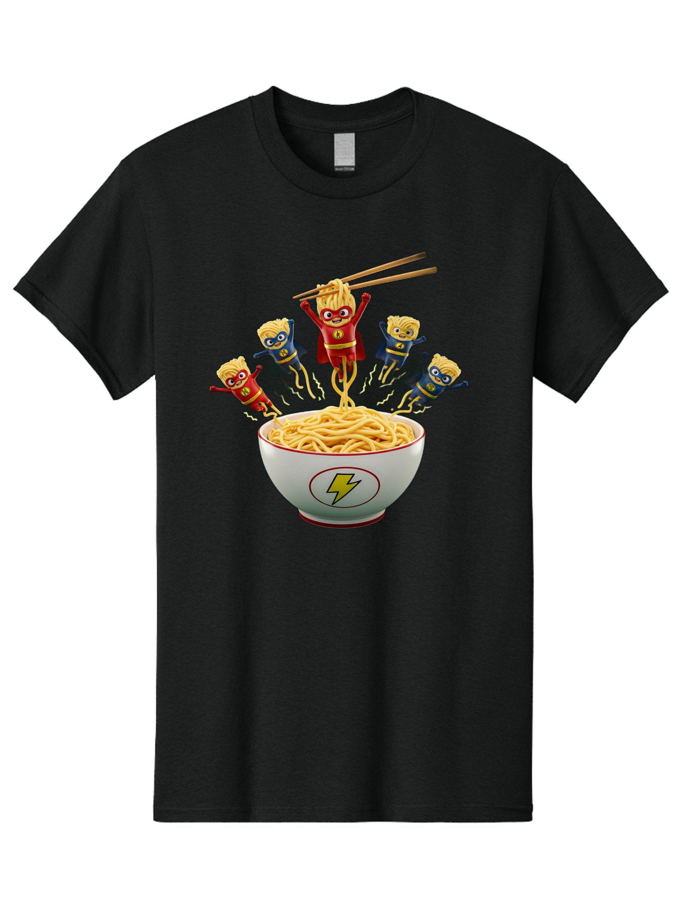 Lightning-Noodles Men'S Graphic Tee, 100% Cotton, Comfortable Casual Summer Wear, Machine Washable, Noodle Superheroes, Cartoon Characters, Comic Book Style, Asian Cuisine, Noodles, Chopsticks, Superhero Costumes, Funny, Playful, Baa920