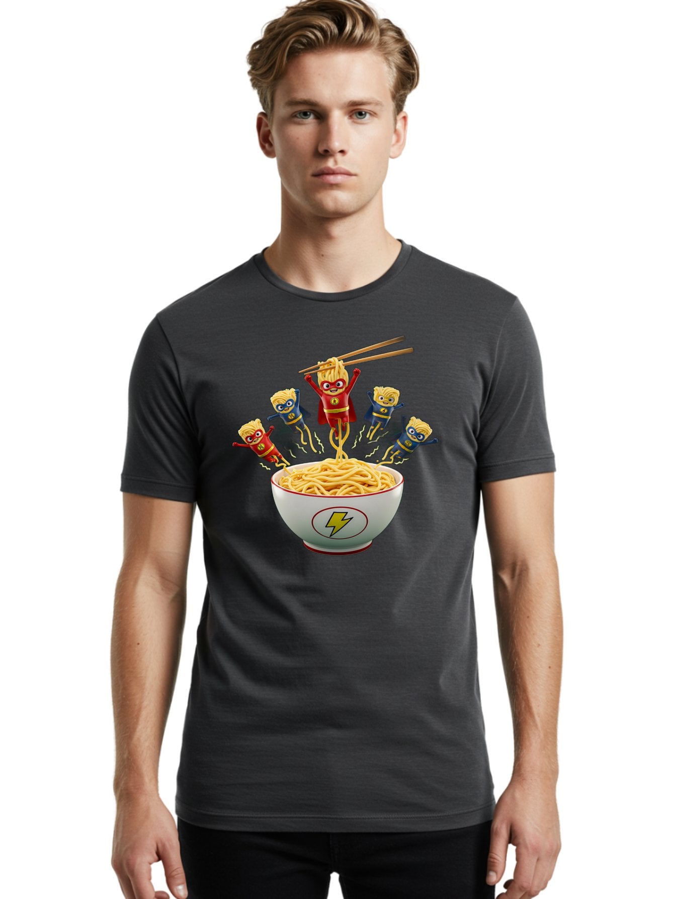 Lightning-Noodles Men'S Graphic Tee, 100% Cotton, Comfortable Casual Summer Wear, Machine Washable, Noodle Superheroes, Cartoon Characters, Comic Book Style, Asian Cuisine, Noodles, Chopsticks, Superhero Costumes, Funny, Playful, Baa920 25