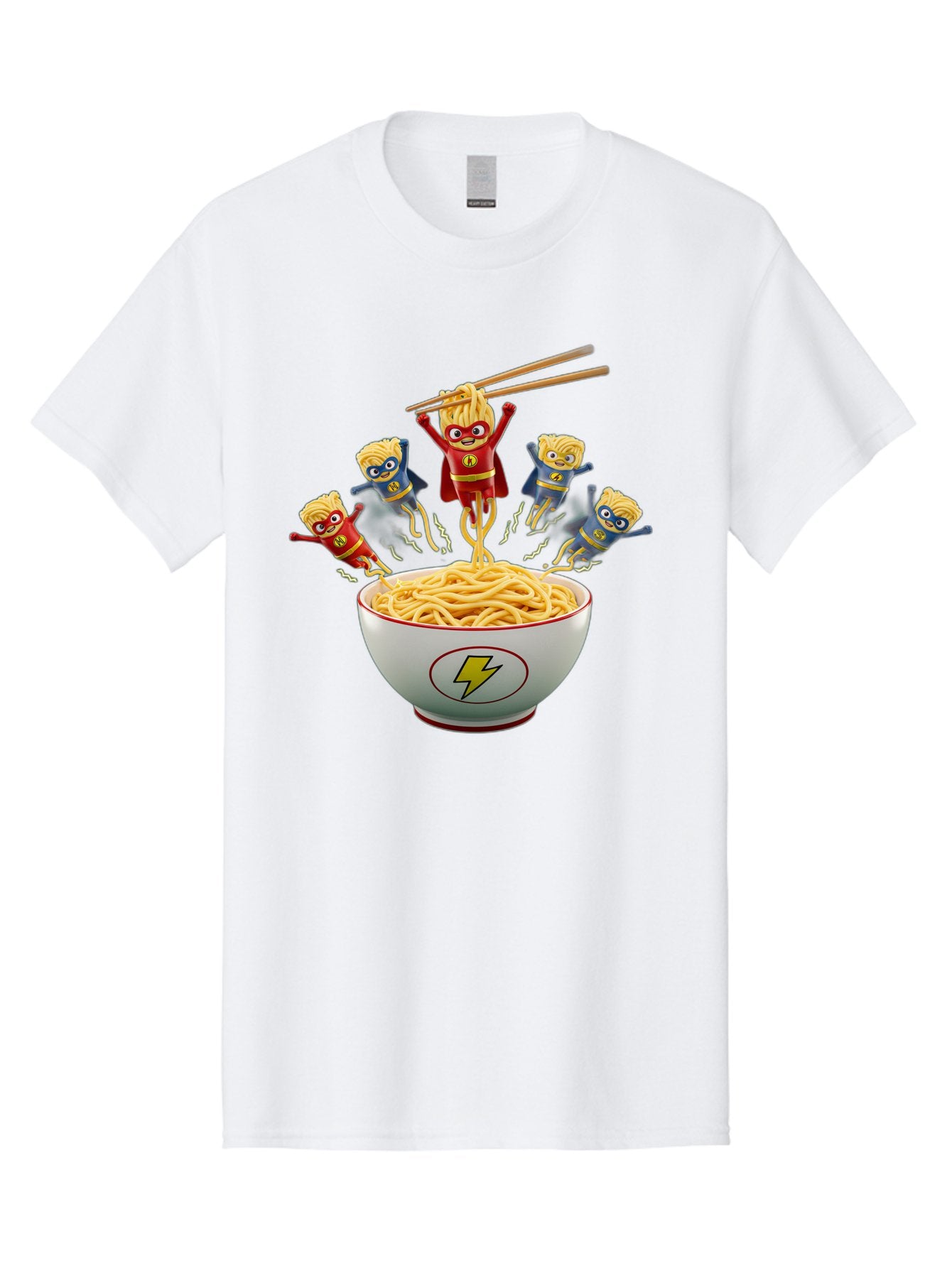 Lightning-Noodles Men'S Graphic Tee, 100% Cotton, Comfortable Casual Summer Wear, Machine Washable, Noodle Superheroes, Cartoon Characters, Comic Book Style, Asian Cuisine, Noodles, Chopsticks, Superhero Costumes, Funny, Playful, Baa920 4