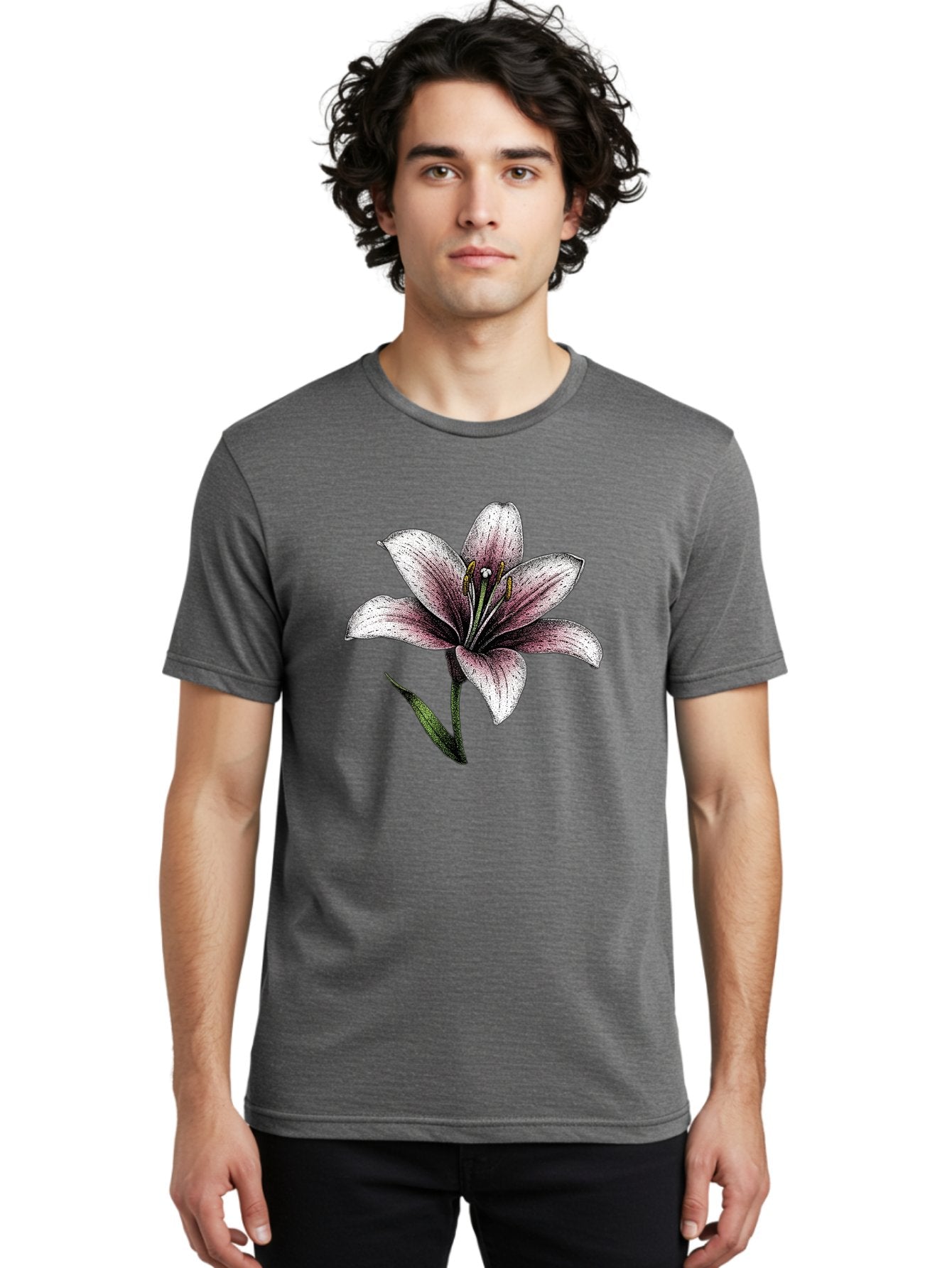 Lily-1 Men'S Graphic Tee, 100% Cotton, Comfortable Casual Summer Wear, Machine Washable, Lily Flower, Elegant Bloom, White And Purple Petals, Botanical Illustration, Delicate Stamens, Floral Beauty, Vintage Art, Flower Drawing Baa921 18