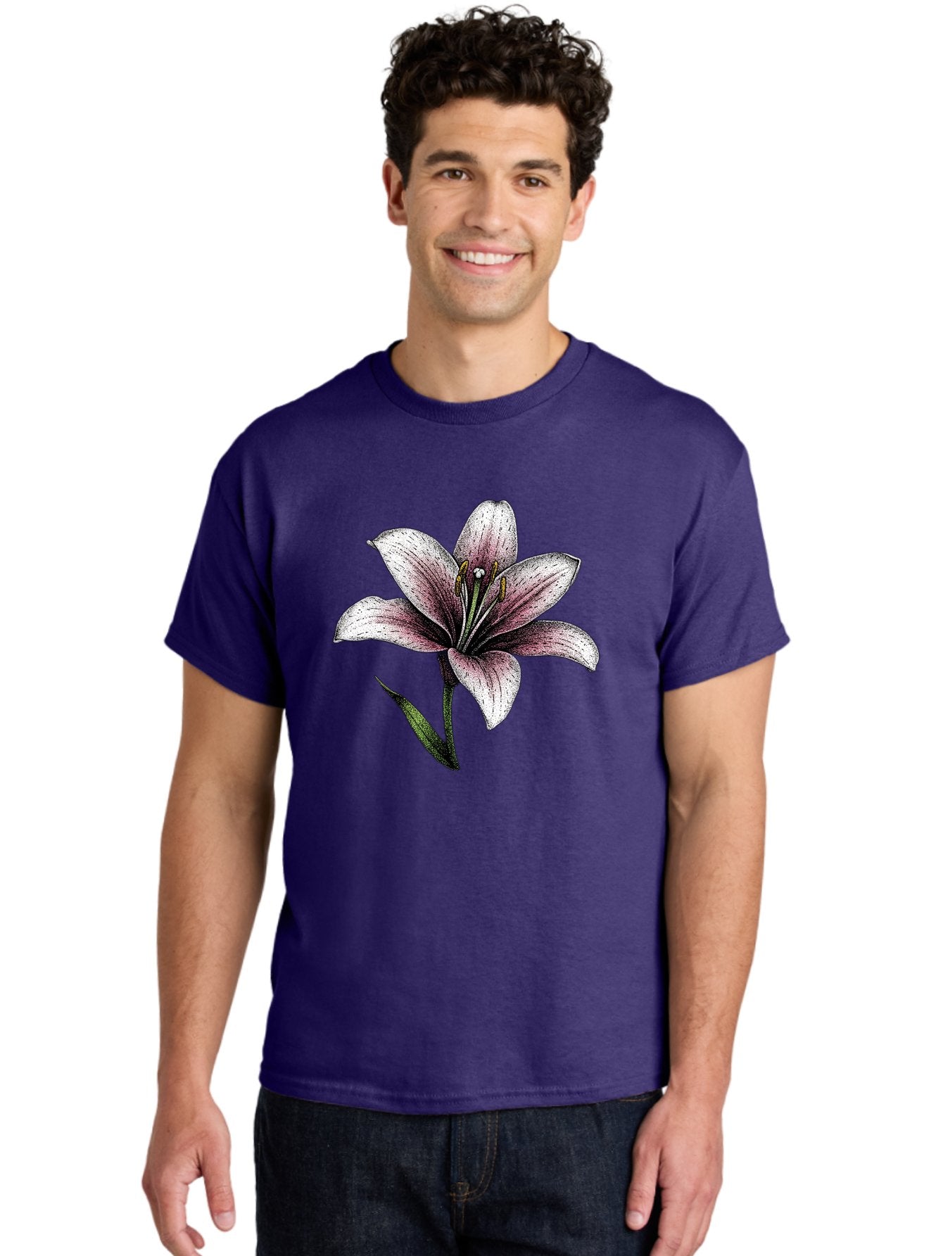 Lily-1 Men'S Graphic Tee, 100% Cotton, Comfortable Casual Summer Wear, Machine Washable, Lily Flower, Elegant Bloom, White And Purple Petals, Botanical Illustration, Delicate Stamens, Floral Beauty, Vintage Art, Flower Drawing Baa921 22