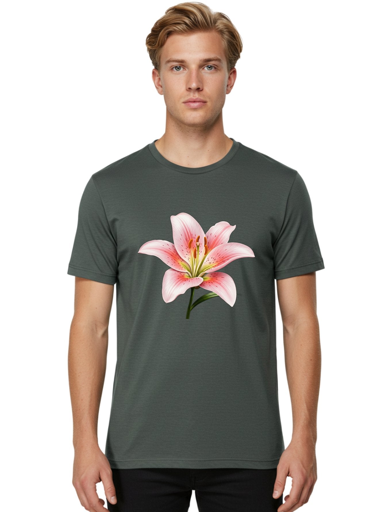 Lily Men'S Graphic Tee, 100% Cotton, Comfortable Casual Summer Wear, Machine Washable, Pink Lily, Floral Beauty, Delicate Petals, Yellow Stamens, Botanical Art, Flower Illustration, Soft Pink Hues, Elegant Bloom Baa922 30
