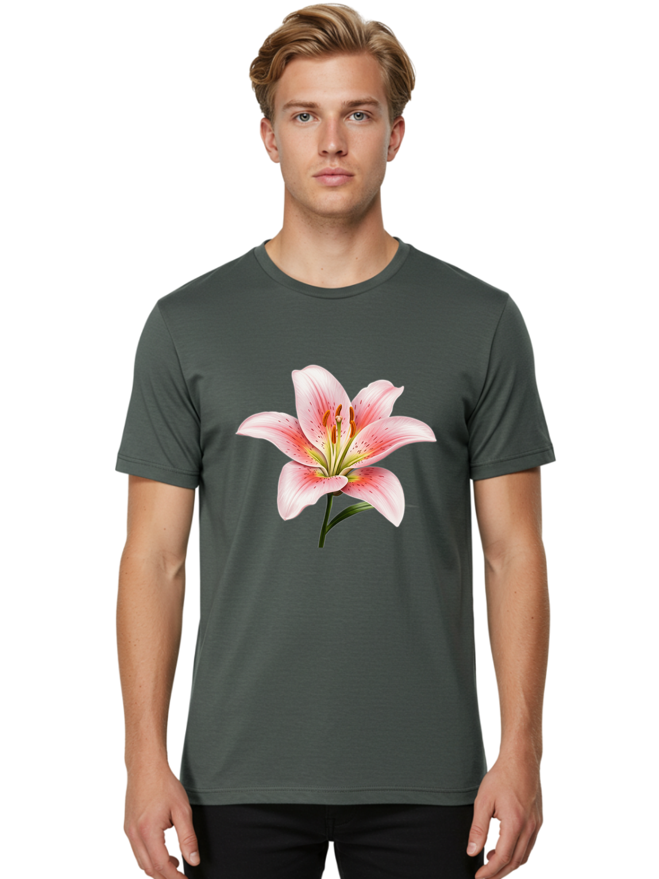 Lily Men'S Graphic Tee, 100% Cotton, Comfortable Casual Summer Wear, Machine Washable, Pink Lily, Floral Beauty, Delicate Petals, Yellow Stamens, Botanical Art, Flower Illustration, Soft Pink Hues, Elegant Bloom Baa922