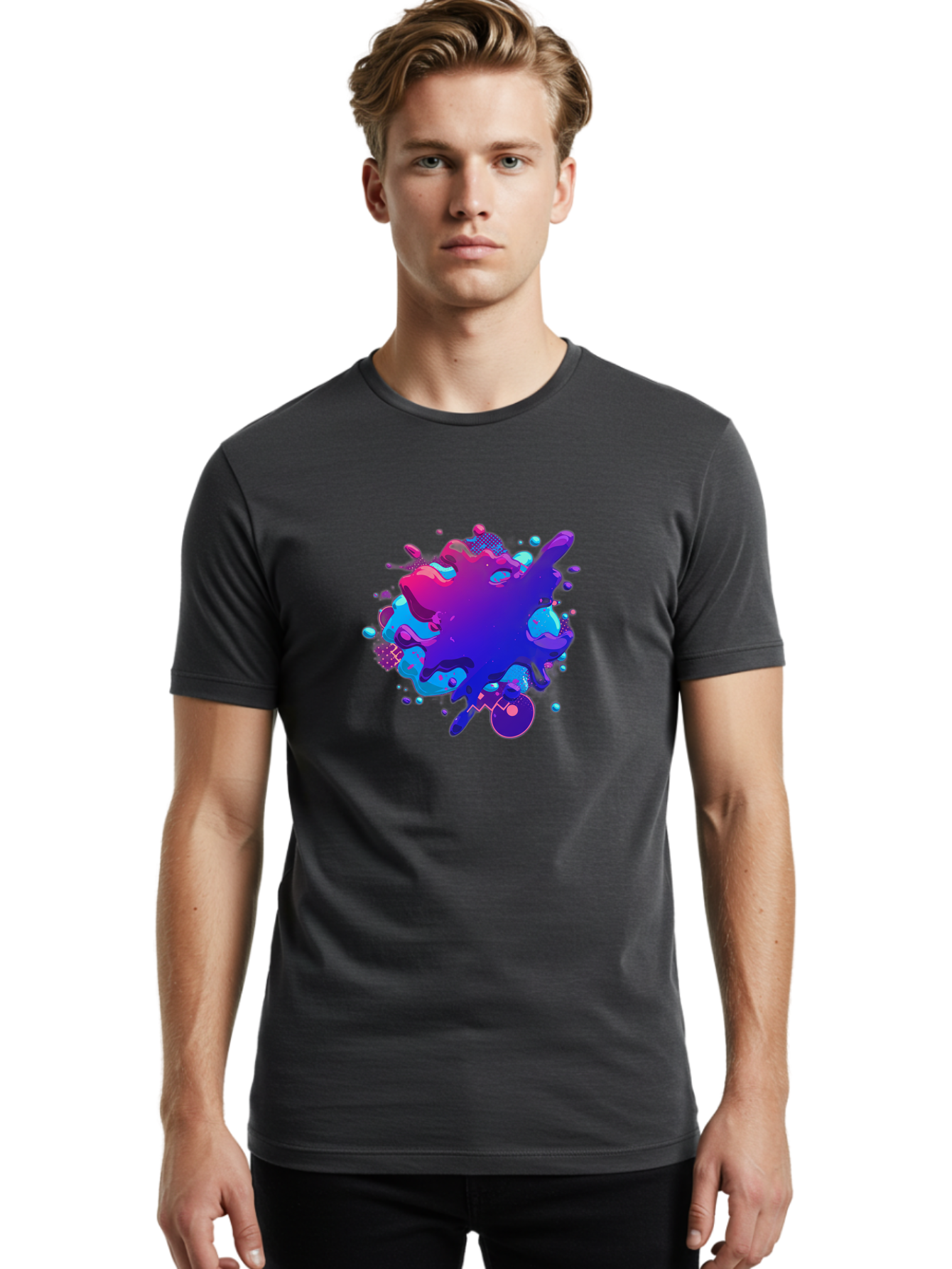 Liquid-Splash Men'S Graphic Tee, 100% Cotton, Comfortable Casual Summer Wear, Machine Washable, Purple Paint Splash, Vibrant Colors, Abstract Design, Fluid Art, Dynamic Shapes, Creative Expression, Colorful Splatter, Artistic Splash Baa923 24