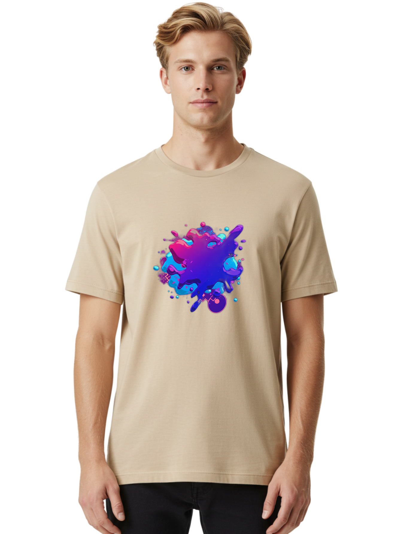 Liquid-Splash Men'S Graphic Tee, 100% Cotton, Comfortable Casual Summer Wear, Machine Washable, Purple Paint Splash, Vibrant Colors, Abstract Design, Fluid Art, Dynamic Shapes, Creative Expression, Colorful Splatter, Artistic Splash Baa923 20