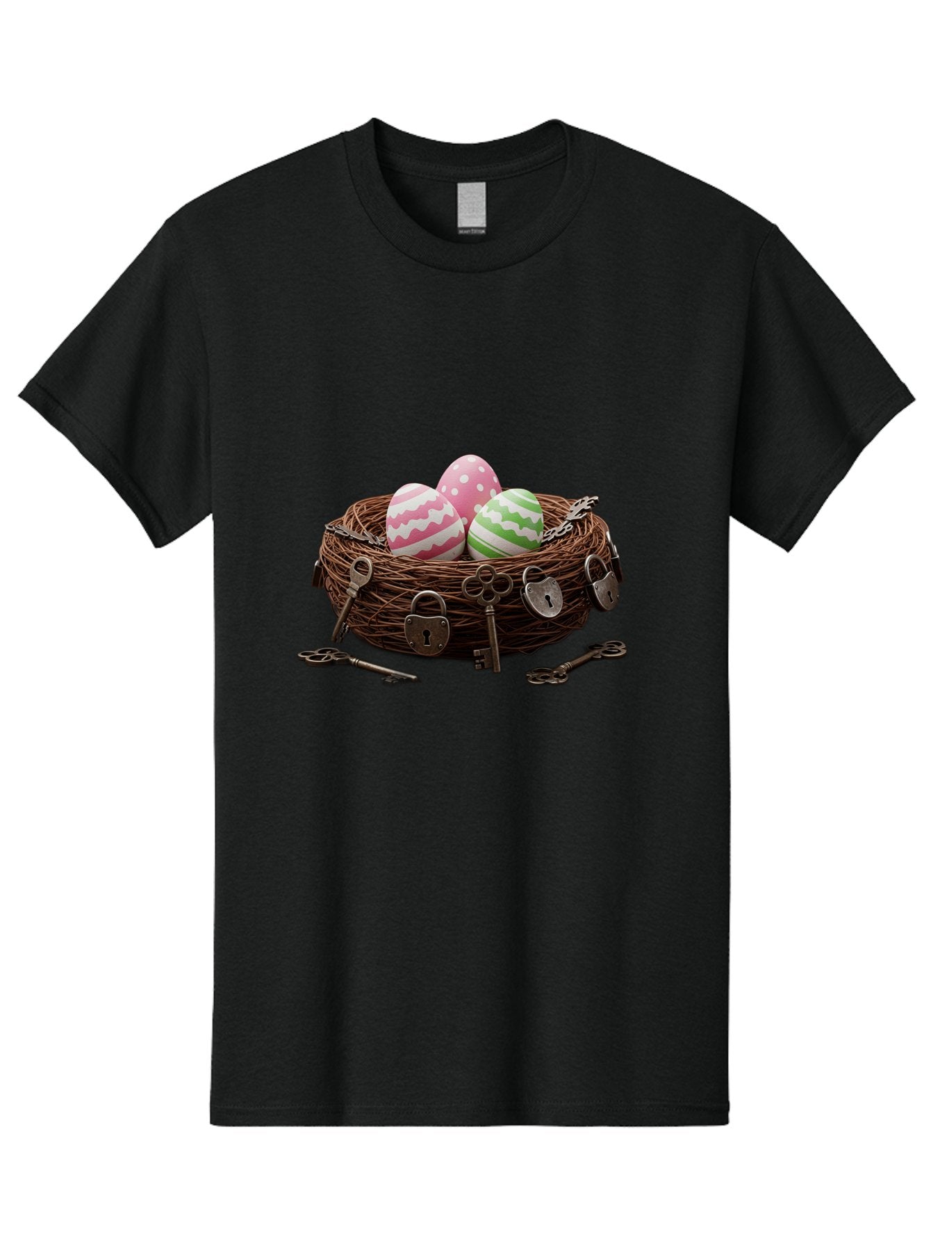 Locked-Nest-With-Easter-Eggs Men'S Graphic Tee, 100% Cotton, Comfortable Casual Summer Wear, Machine Washable, Easter Eggs In A Nest, Locked Nest, Vintage Keys, Padlocks, Easter Decorations, Spring Theme, Symbolic Eggs, Retro Style, Baa927 11