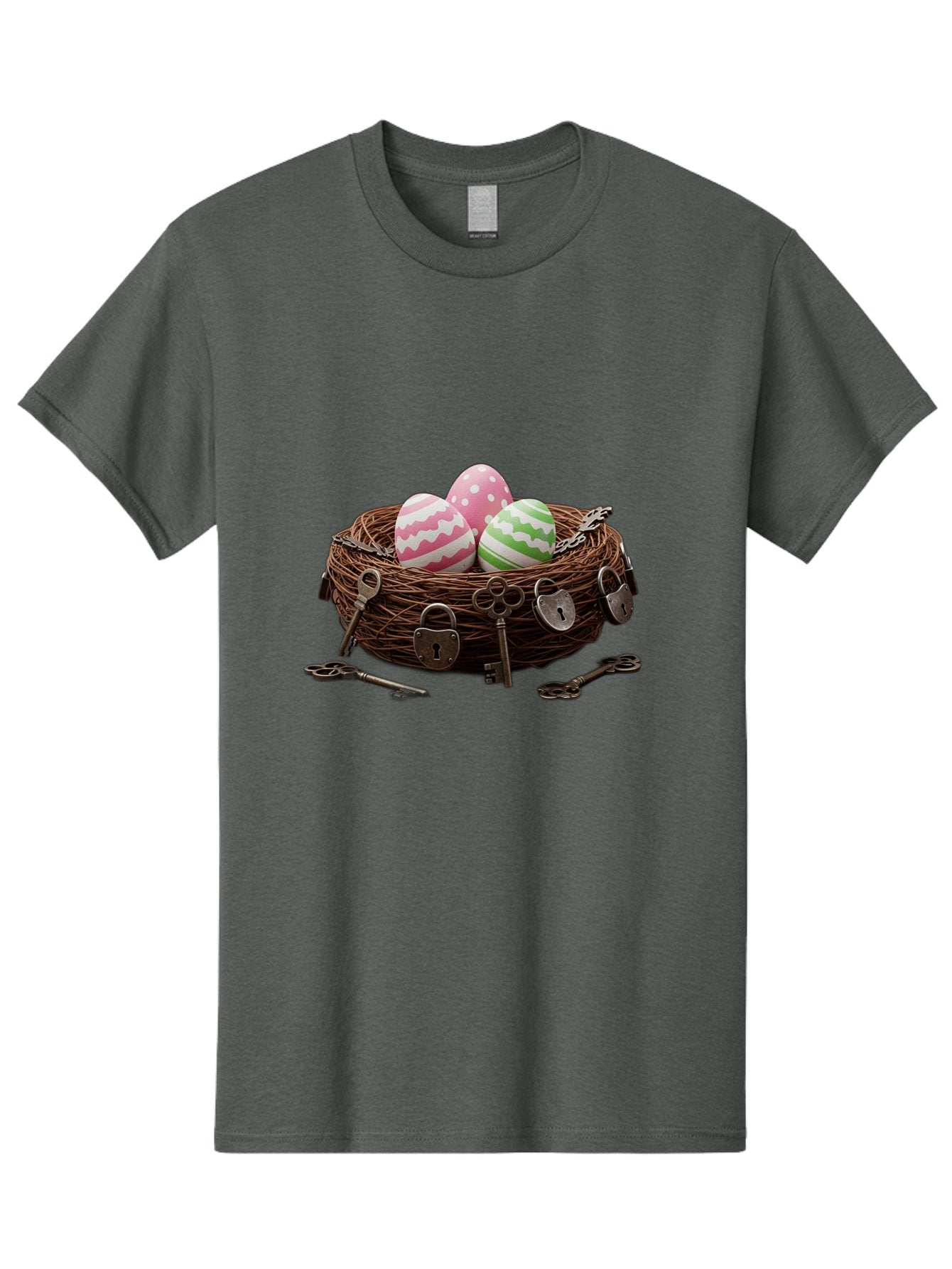 Locked-Nest-With-Easter-Eggs Men'S Graphic Tee, 100% Cotton, Comfortable Casual Summer Wear, Machine Washable, Easter Eggs In A Nest, Locked Nest, Vintage Keys, Padlocks, Easter Decorations, Spring Theme, Symbolic Eggs, Retro Style, Baa927 12