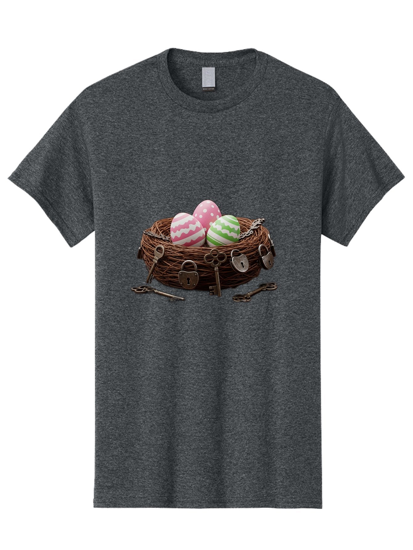 Locked-Nest-With-Easter-Eggs Men'S Graphic Tee, 100% Cotton, Comfortable Casual Summer Wear, Machine Washable, Easter Eggs In A Nest, Locked Nest, Vintage Keys, Padlocks, Easter Decorations, Spring Theme, Symbolic Eggs, Retro Style, Baa927 15