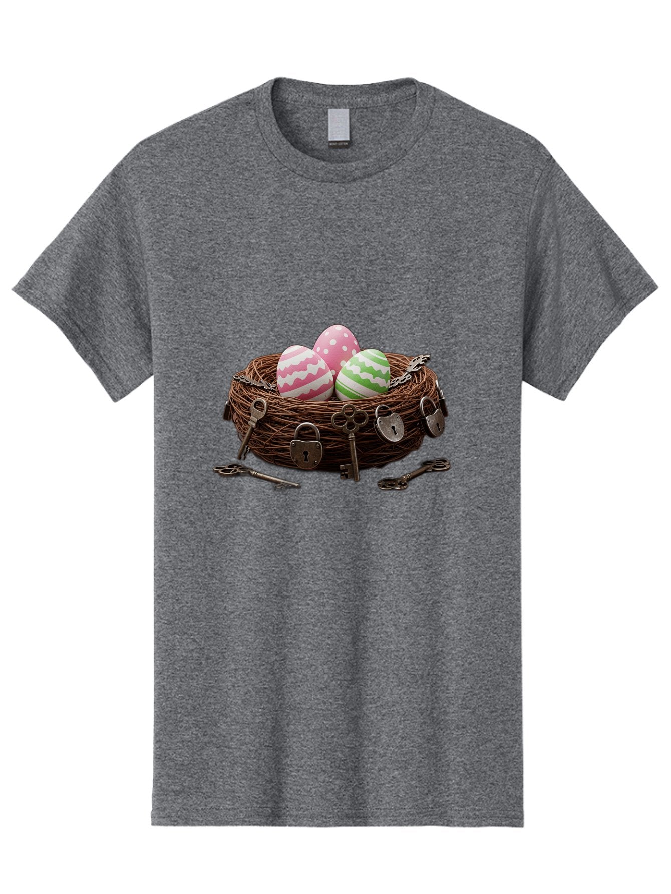 Locked-Nest-With-Easter-Eggs Men'S Graphic Tee, 100% Cotton, Comfortable Casual Summer Wear, Machine Washable, Easter Eggs In A Nest, Locked Nest, Vintage Keys, Padlocks, Easter Decorations, Spring Theme, Symbolic Eggs, Retro Style, Baa927 6