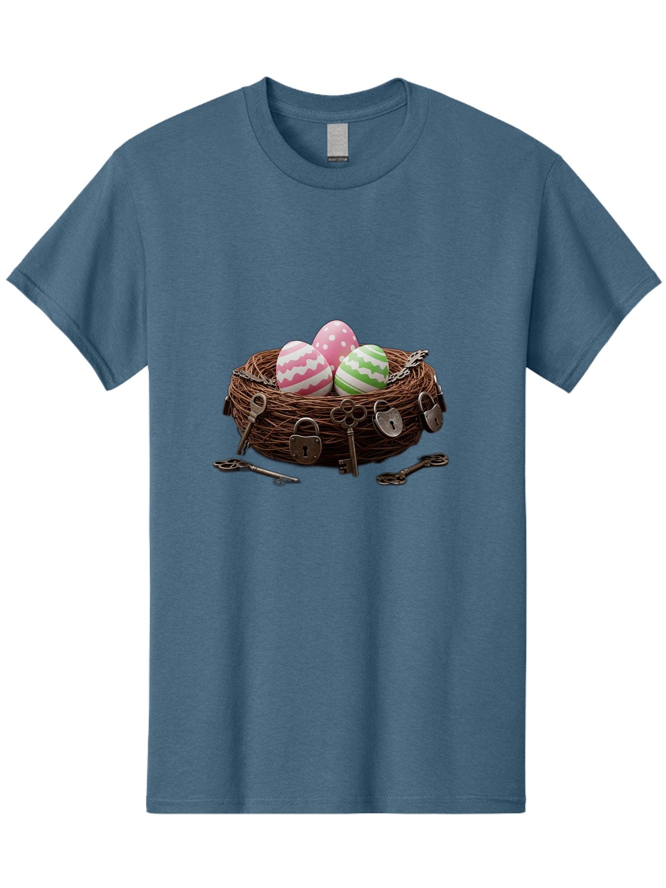 Locked-Nest-With-Easter-Eggs Men'S Graphic Tee, 100% Cotton, Comfortable Casual Summer Wear, Machine Washable, Easter Eggs In A Nest, Locked Nest, Vintage Keys, Padlocks, Easter Decorations, Spring Theme, Symbolic Eggs, Retro Style, Baa927 7