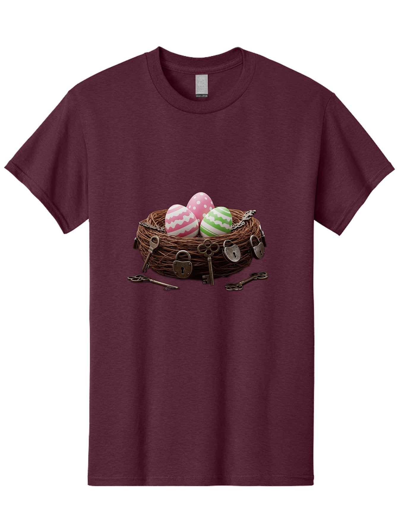 Locked-Nest-With-Easter-Eggs Men'S Graphic Tee, 100% Cotton, Comfortable Casual Summer Wear, Machine Washable, Easter Eggs In A Nest, Locked Nest, Vintage Keys, Padlocks, Easter Decorations, Spring Theme, Symbolic Eggs, Retro Style, Baa927 14