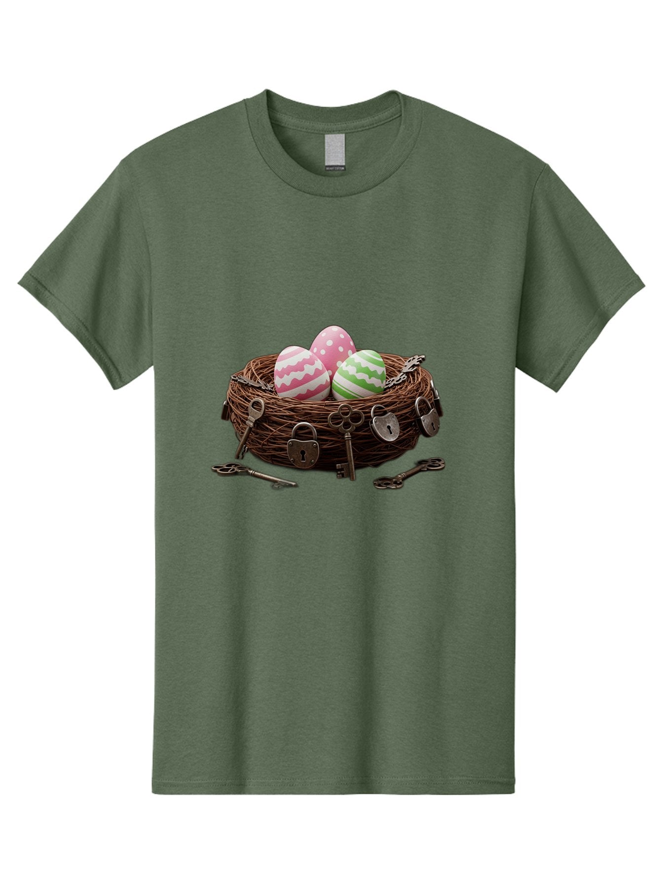 Locked-Nest-With-Easter-Eggs Men'S Graphic Tee, 100% Cotton, Comfortable Casual Summer Wear, Machine Washable, Easter Eggs In A Nest, Locked Nest, Vintage Keys, Padlocks, Easter Decorations, Spring Theme, Symbolic Eggs, Retro Style, Baa927 3