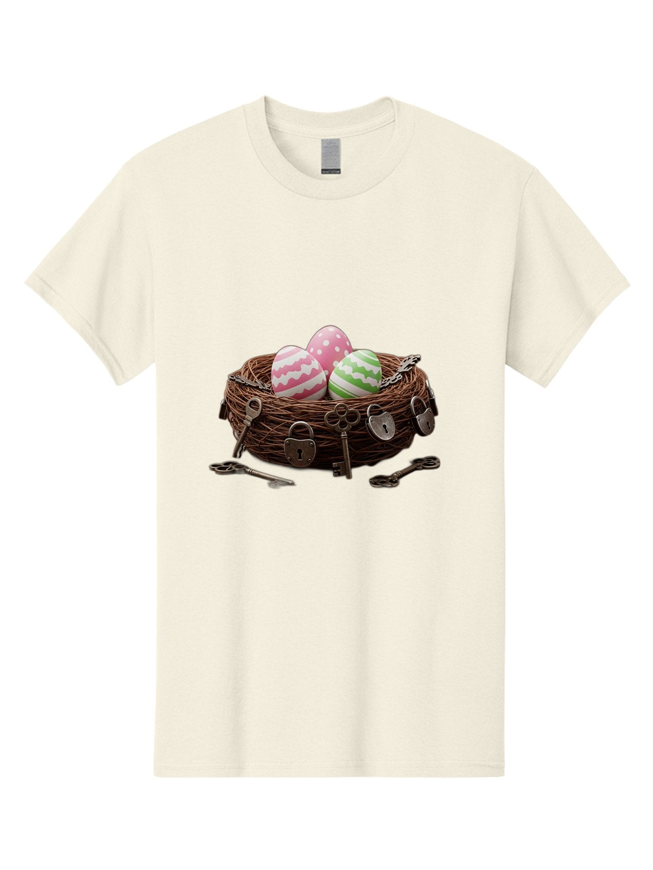 Locked-Nest-With-Easter-Eggs Men'S Graphic Tee, 100% Cotton, Comfortable Casual Summer Wear, Machine Washable, Easter Eggs In A Nest, Locked Nest, Vintage Keys, Padlocks, Easter Decorations, Spring Theme, Symbolic Eggs, Retro Style, Baa927 9