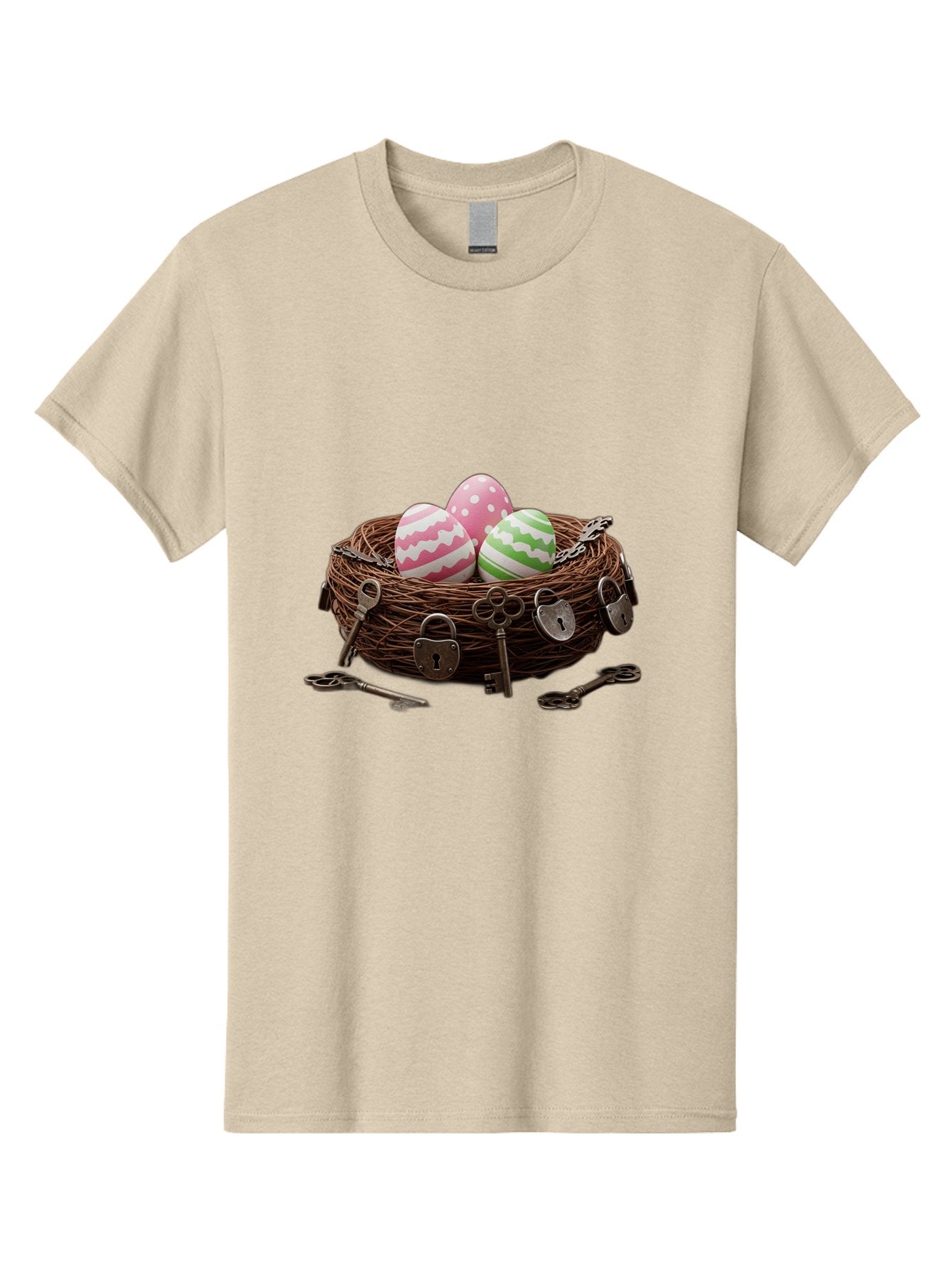 Locked-Nest-With-Easter-Eggs Men'S Graphic Tee, 100% Cotton, Comfortable Casual Summer Wear, Machine Washable, Easter Eggs In A Nest, Locked Nest, Vintage Keys, Padlocks, Easter Decorations, Spring Theme, Symbolic Eggs, Retro Style, Baa927