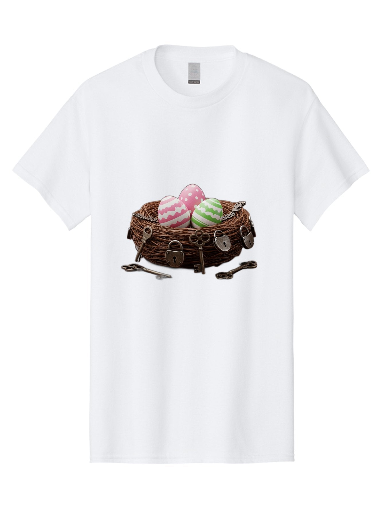 Locked-Nest-With-Easter-Eggs Men'S Graphic Tee, 100% Cotton, Comfortable Casual Summer Wear, Machine Washable, Easter Eggs In A Nest, Locked Nest, Vintage Keys, Padlocks, Easter Decorations, Spring Theme, Symbolic Eggs, Retro Style, Baa927 5