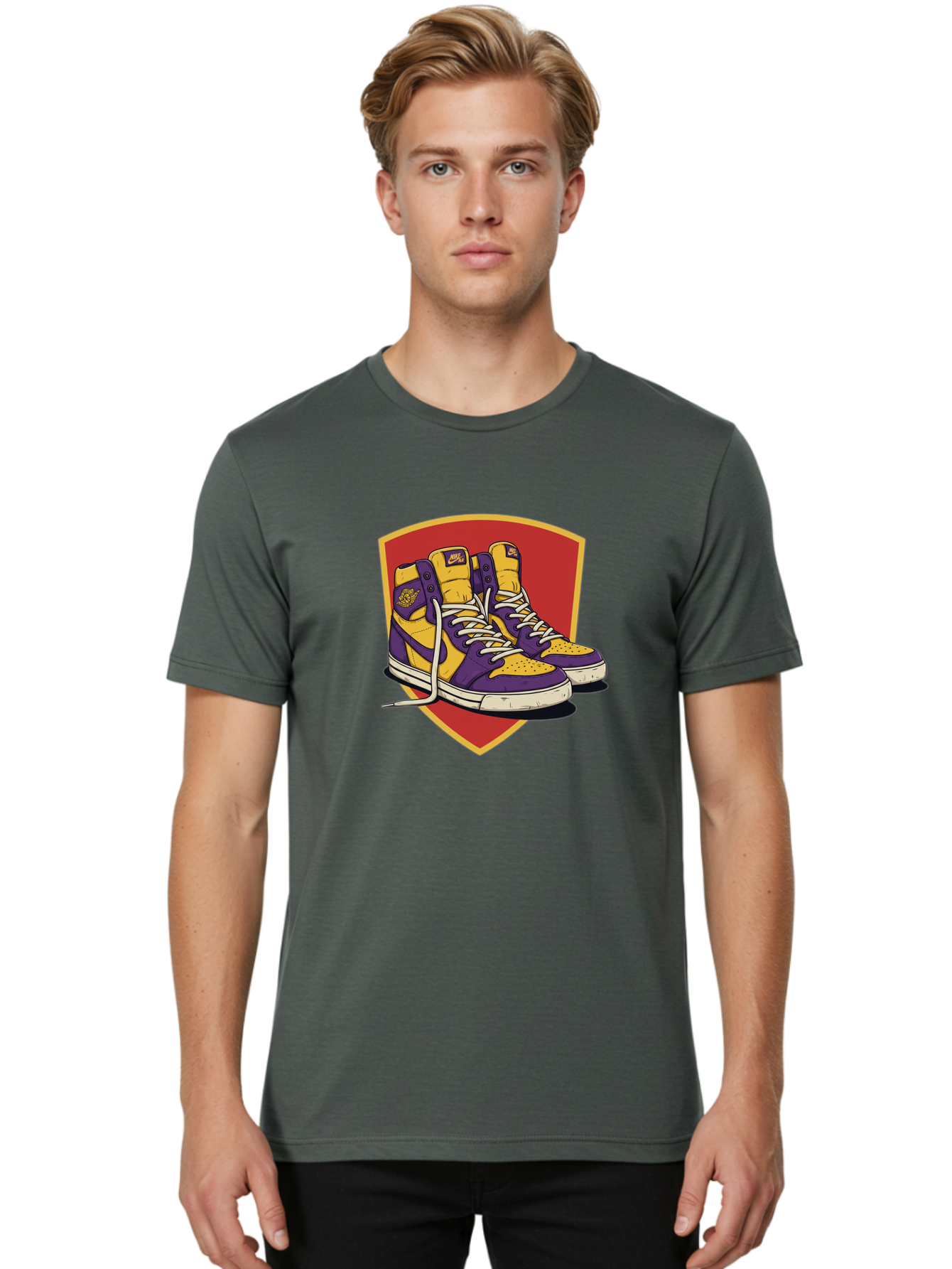 Los-Angeles-Lakers Men'S Graphic Tee, 100% Cotton, Comfortable Casual Summer Wear, Machine Washable, Purple And Yellow Air Jordan Sneakers, Nike Logo, Yellow And Purple Color Scheme, White Laces, Athletic Footwear, Sports Shoes, Baa928