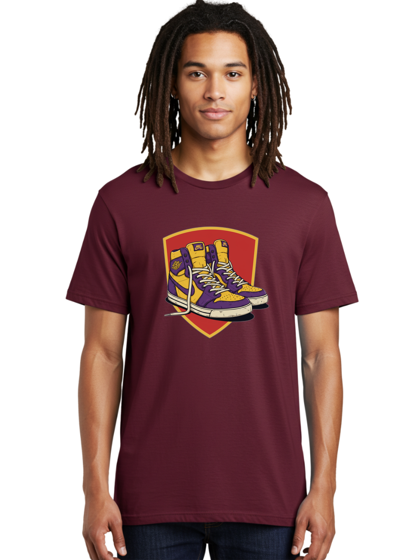 Los-Angeles-Lakers Men'S Graphic Tee, 100% Cotton, Comfortable Casual Summer Wear, Machine Washable, Purple And Yellow Air Jordan Sneakers, Nike Logo, Yellow And Purple Color Scheme, White Laces, Athletic Footwear, Sports Shoes, Baa928 28