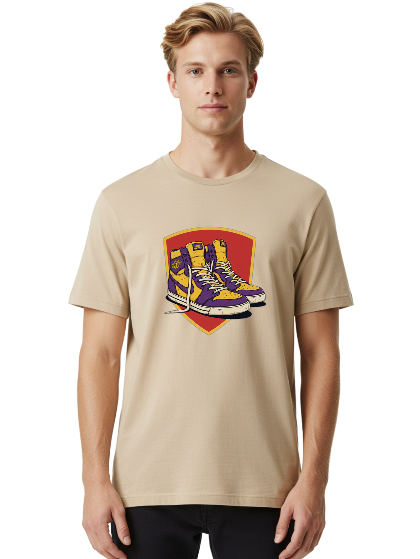 Los-Angeles-Lakers Men'S Graphic Tee, 100% Cotton, Comfortable Casual Summer Wear, Machine Washable, Purple And Yellow Air Jordan Sneakers, Nike Logo, Yellow And Purple Color Scheme, White Laces, Athletic Footwear, Sports Shoes, Baa928 24
