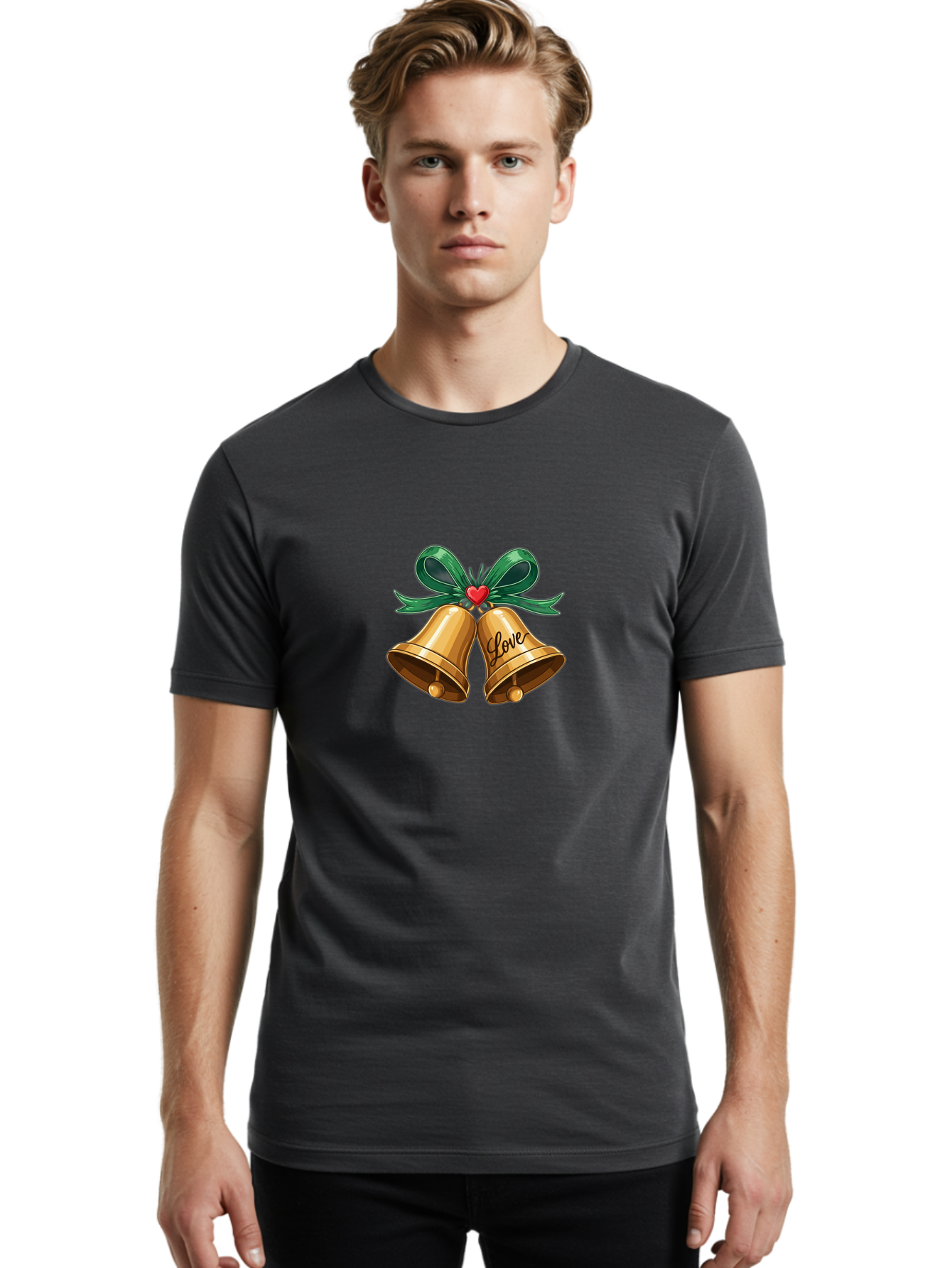 Love-Bells-1 Men'S Graphic Tee, 100% Cotton, Comfortable Casual Summer Wear, Machine Washable, Golden Bells, Love Message, Red Heart, Green Ribbon, Festive Decoration, Symbol Of Love, Wedding Bells, Holiday Decor, Charming Illustration, Baa931