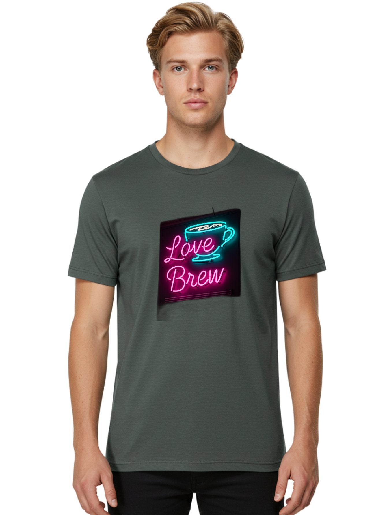 Love-Brew Men'S Graphic Tee, 100% Cotton, Comfortable Casual Summer Wear, Machine Washable, Neon Sign, Coffee Cup, Love Brew, Coffee Culture, Cafe Ambiance, Retro Advertisement, Nostalgic Decor, Coffee Lover, Vibrant Neon Lights, Baa933 17