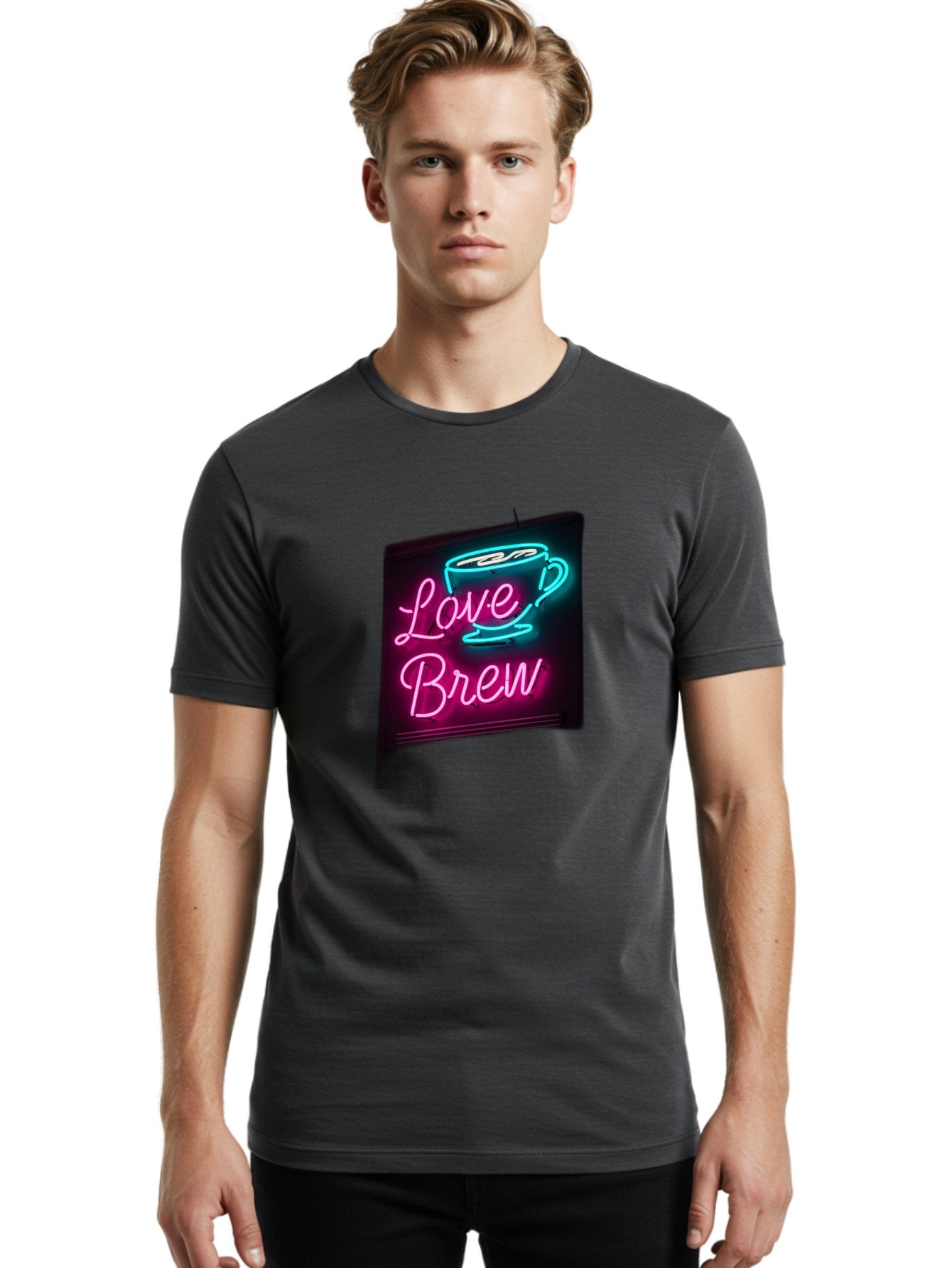 Love-Brew Men'S Graphic Tee, 100% Cotton, Comfortable Casual Summer Wear, Machine Washable, Neon Sign, Coffee Cup, Love Brew, Coffee Culture, Cafe Ambiance, Retro Advertisement, Nostalgic Decor, Coffee Lover, Vibrant Neon Lights, Baa933 19