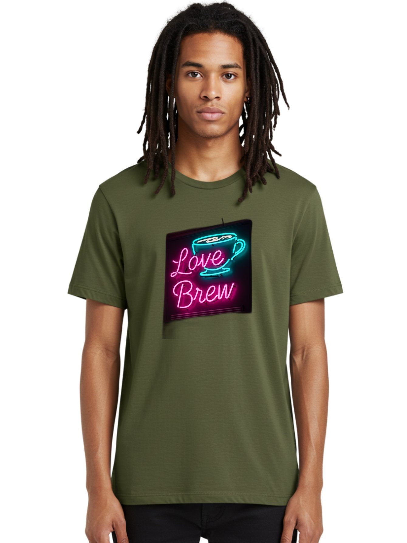 Love-Brew Men'S Graphic Tee, 100% Cotton, Comfortable Casual Summer Wear, Machine Washable, Neon Sign, Coffee Cup, Love Brew, Coffee Culture, Cafe Ambiance, Retro Advertisement, Nostalgic Decor, Coffee Lover, Vibrant Neon Lights, Baa933 30
