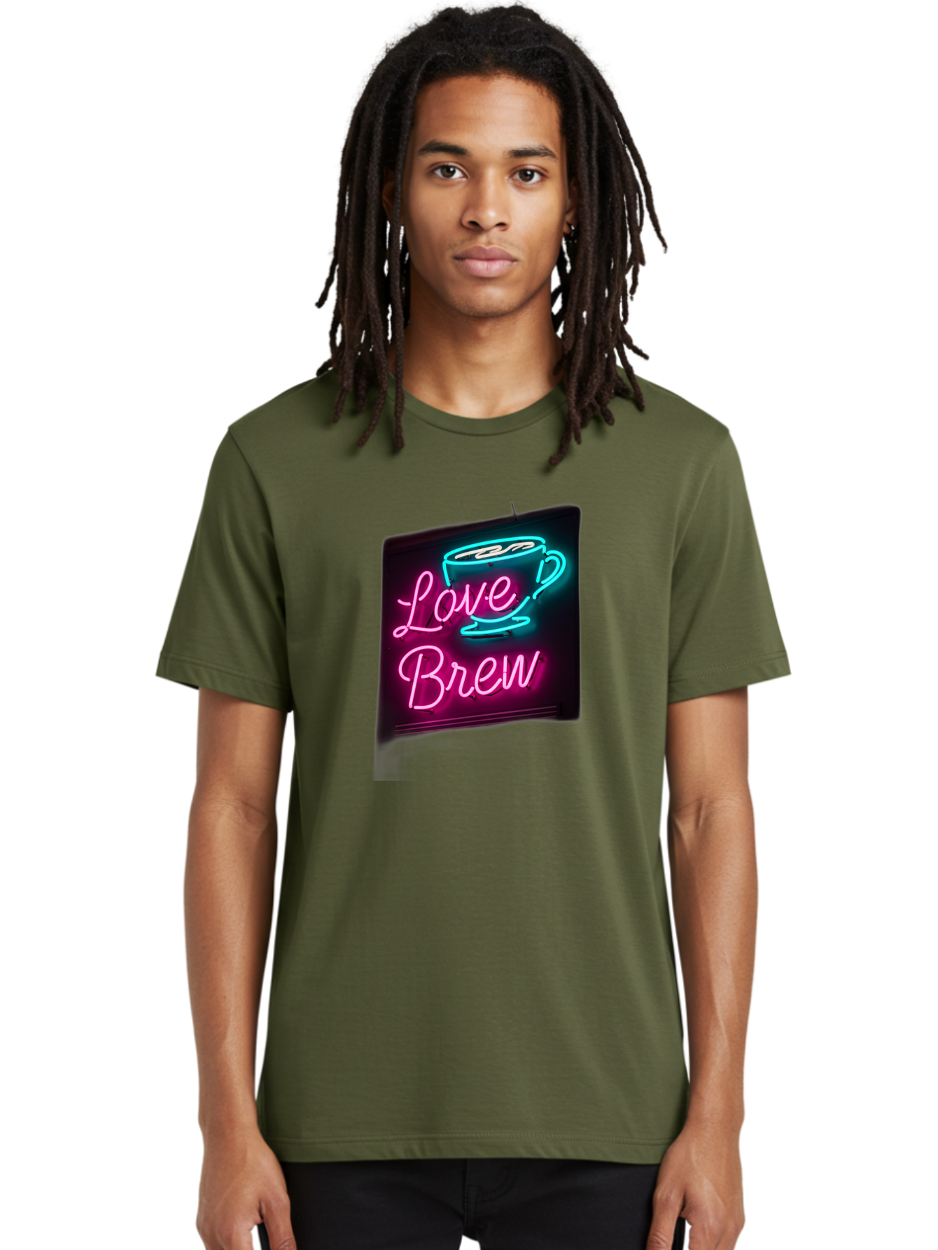 Love-Brew Men'S Graphic Tee, 100% Cotton, Comfortable Casual Summer Wear, Machine Washable, Neon Sign, Coffee Cup, Love Brew, Coffee Culture, Cafe Ambiance, Retro Advertisement, Nostalgic Decor, Coffee Lover, Vibrant Neon Lights, Baa933