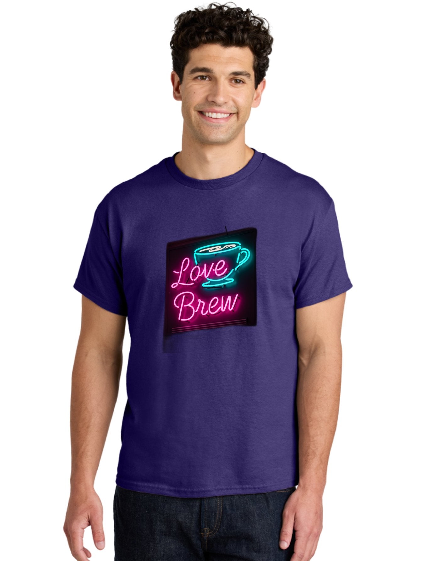 Love-Brew Men'S Graphic Tee, 100% Cotton, Comfortable Casual Summer Wear, Machine Washable, Neon Sign, Coffee Cup, Love Brew, Coffee Culture, Cafe Ambiance, Retro Advertisement, Nostalgic Decor, Coffee Lover, Vibrant Neon Lights, Baa933 21