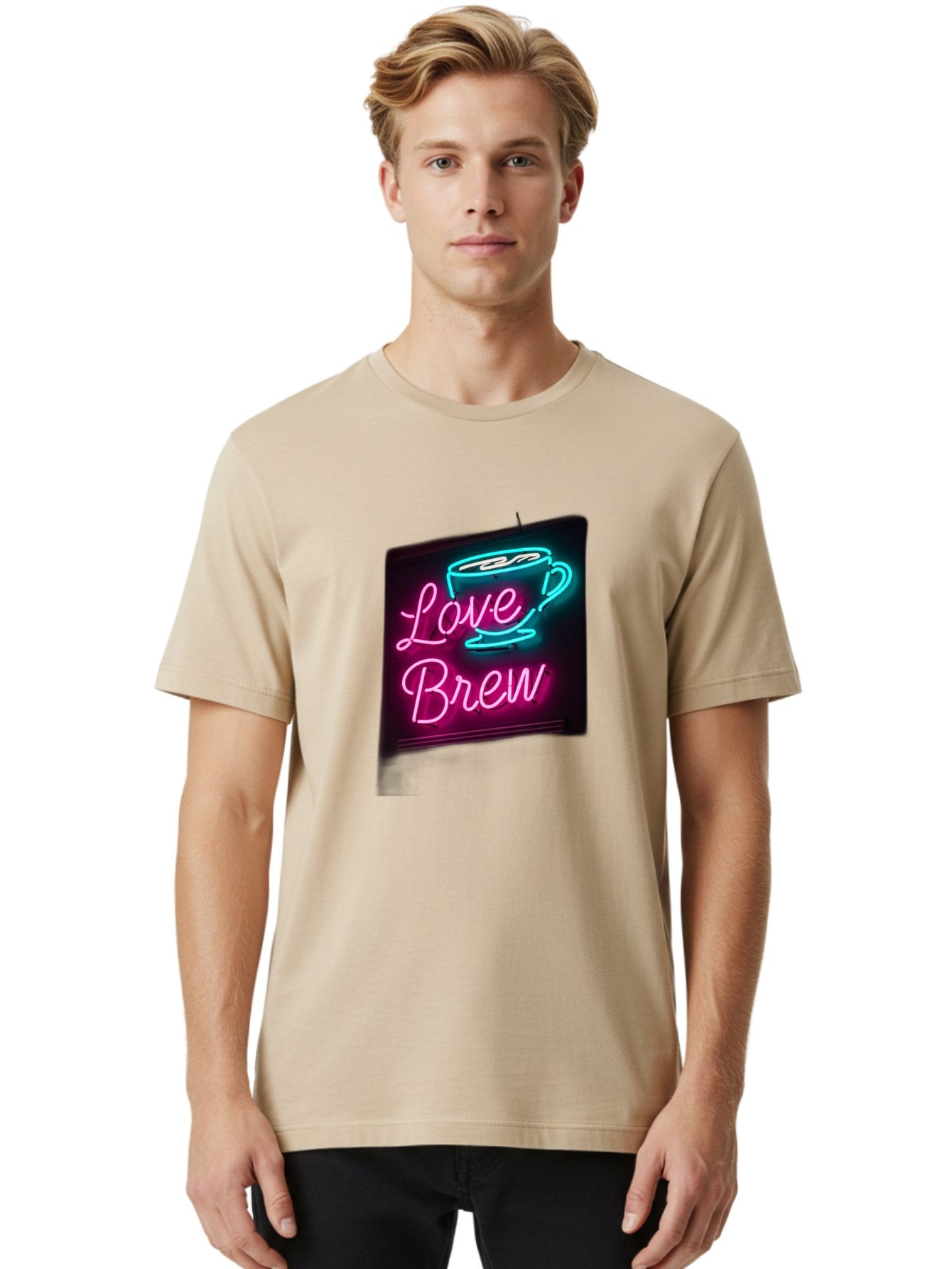 Love-Brew Men'S Graphic Tee, 100% Cotton, Comfortable Casual Summer Wear, Machine Washable, Neon Sign, Coffee Cup, Love Brew, Coffee Culture, Cafe Ambiance, Retro Advertisement, Nostalgic Decor, Coffee Lover, Vibrant Neon Lights, Baa933 22