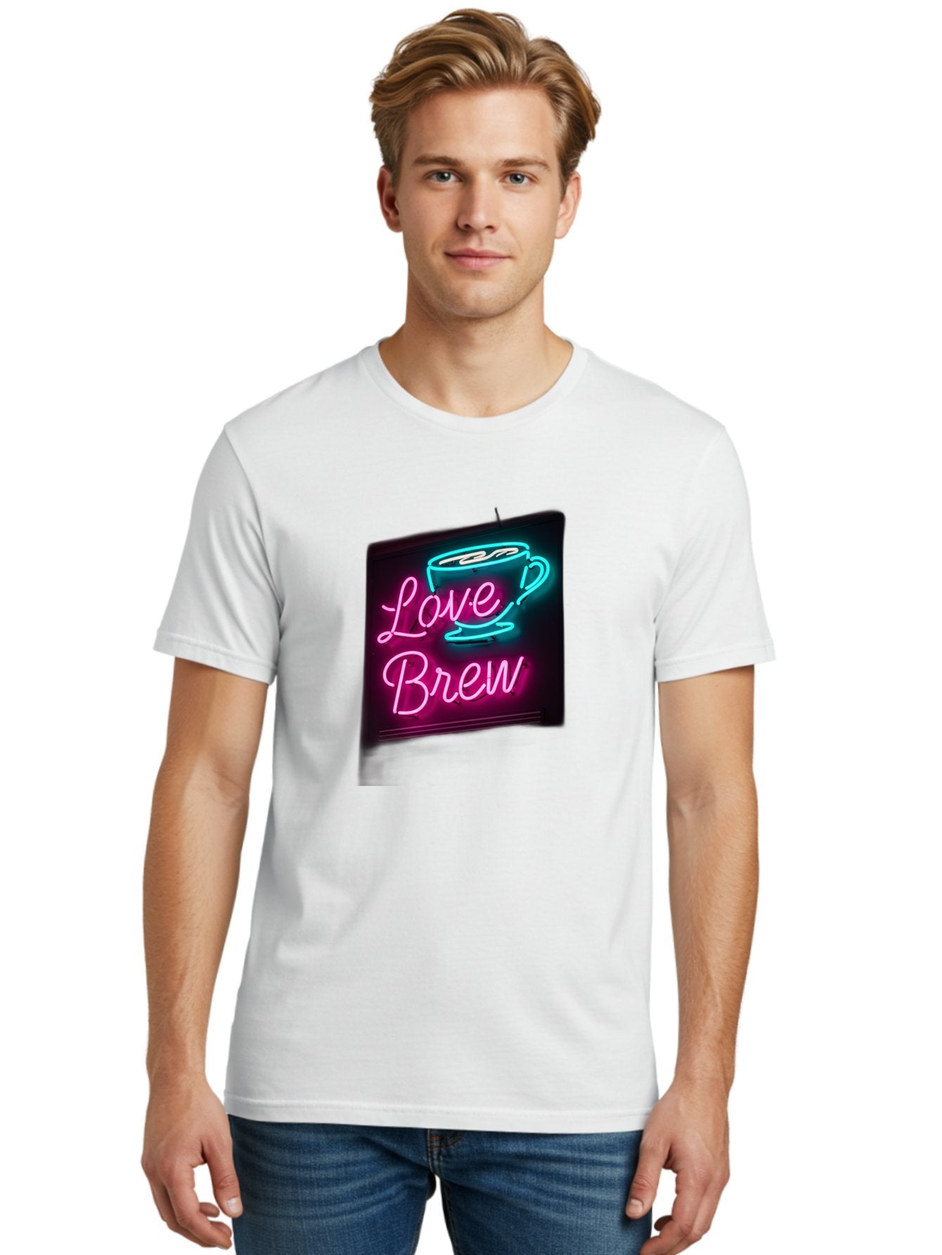 Love-Brew Men'S Graphic Tee, 100% Cotton, Comfortable Casual Summer Wear, Machine Washable, Neon Sign, Coffee Cup, Love Brew, Coffee Culture, Cafe Ambiance, Retro Advertisement, Nostalgic Decor, Coffee Lover, Vibrant Neon Lights, Baa933 16