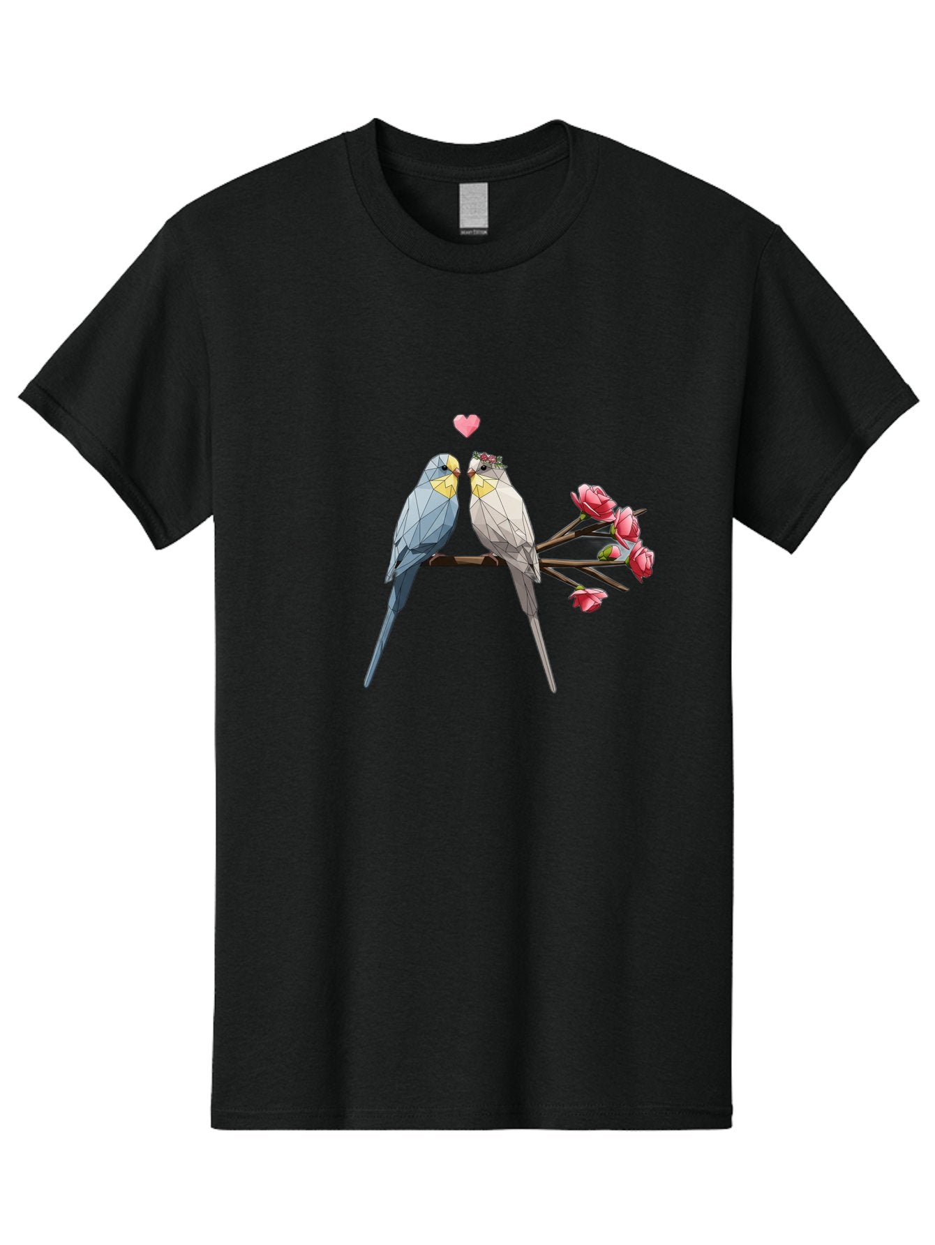 Lovebirds Men'S Graphic Tee, 100% Cotton, Comfortable Casual Summer Wear, Machine Washable, Low Poly Lovebirds, Pink Flowers, Couple Birds, Love Heart, Tender Moment, Geometric Art, Pastel Colors, Romantic Scene, Valentine'S Day Baa934 12