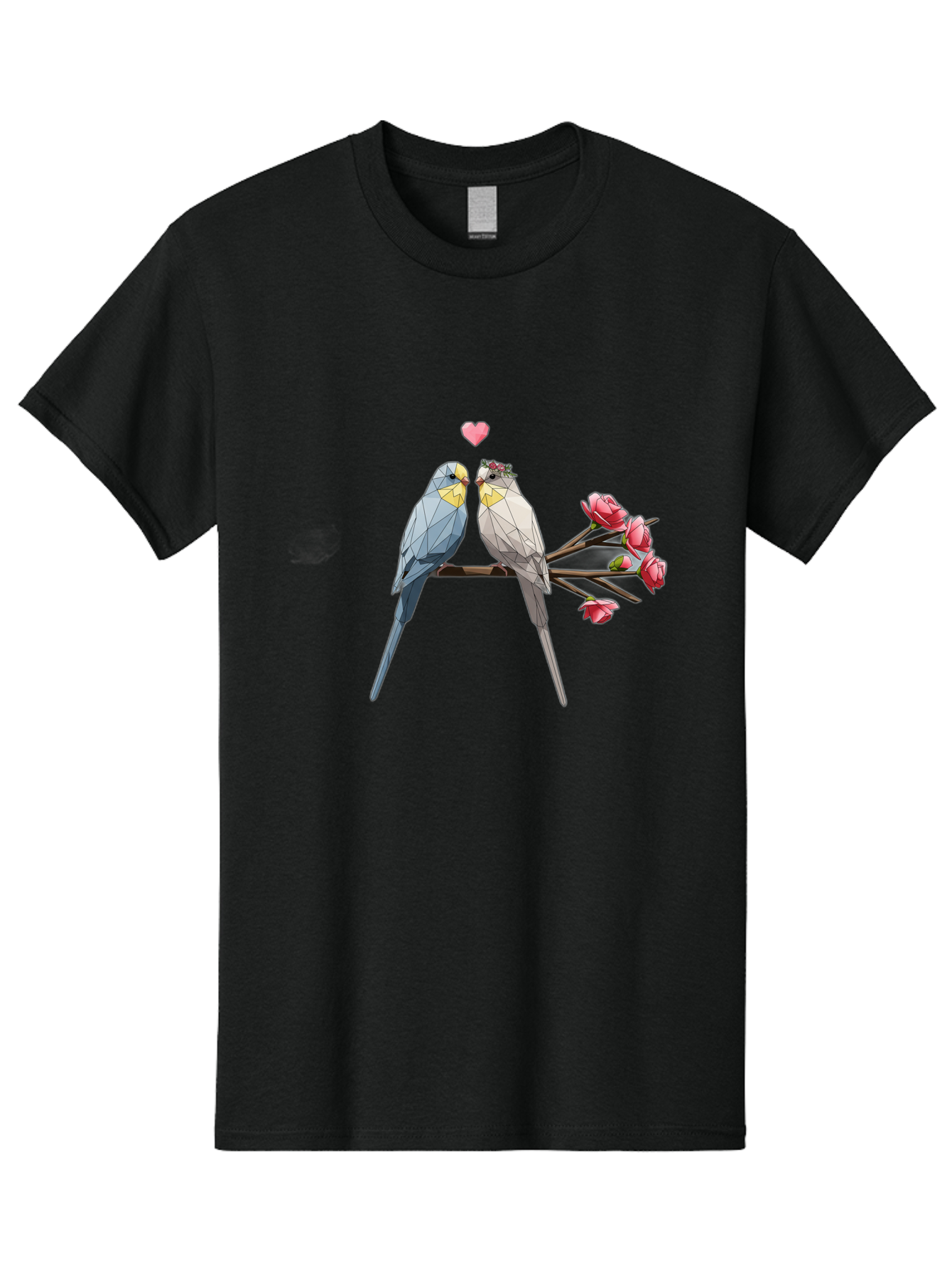 Lovebirds Men'S Graphic Tee, 100% Cotton, Comfortable Casual Summer Wear, Machine Washable, Low Poly Lovebirds, Pink Flowers, Couple Birds, Love Heart, Tender Moment, Geometric Art, Pastel Colors, Romantic Scene, Valentine'S Day Baa934 5