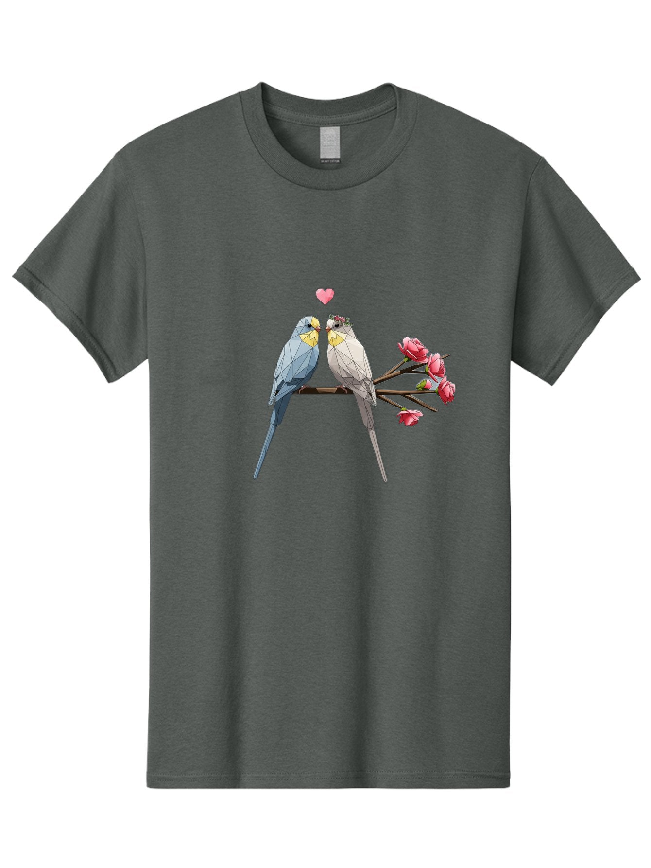 Lovebirds Men'S Graphic Tee, 100% Cotton, Comfortable Casual Summer Wear, Machine Washable, Low Poly Lovebirds, Pink Flowers, Couple Birds, Love Heart, Tender Moment, Geometric Art, Pastel Colors, Romantic Scene, Valentine'S Day Baa934 9