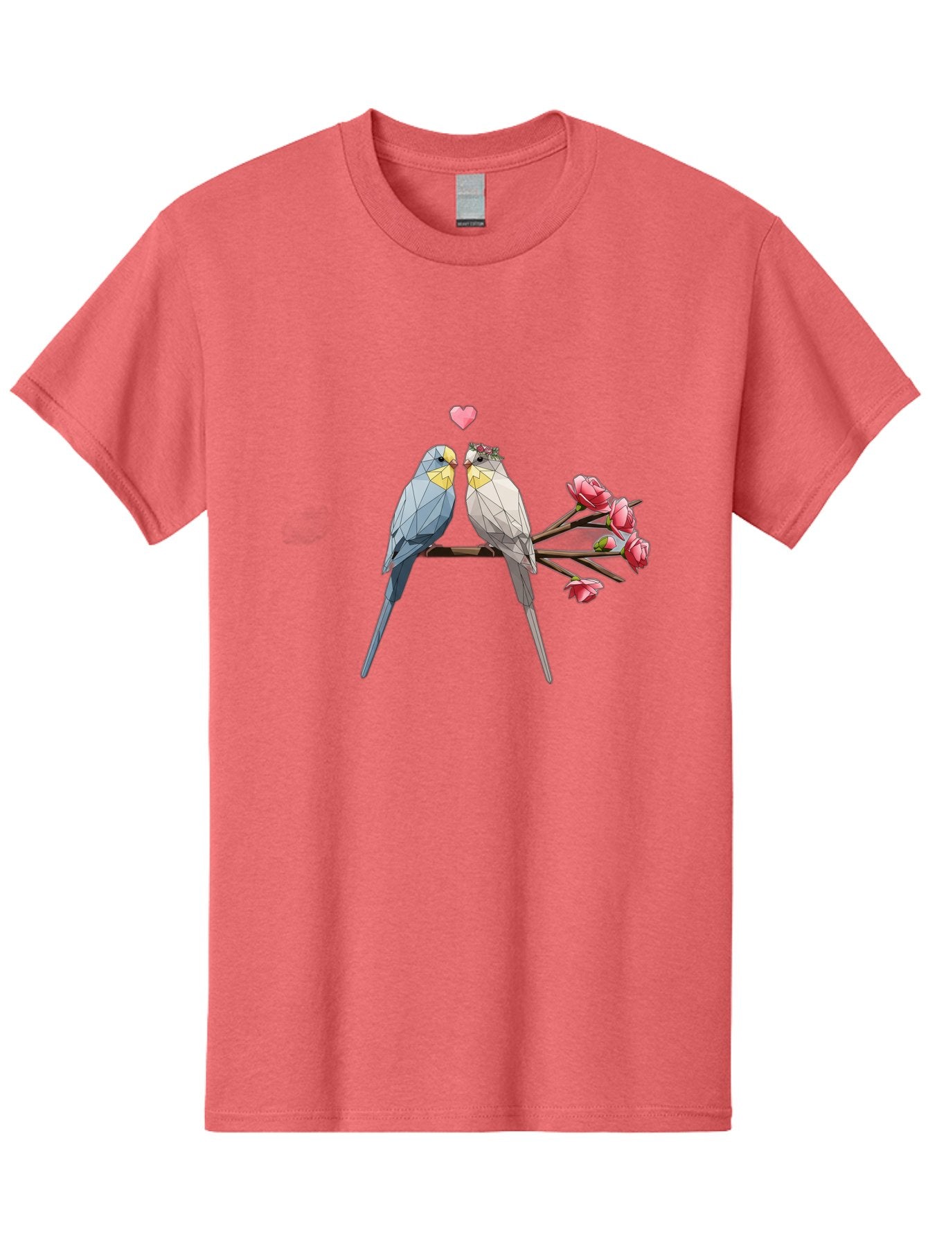 Lovebirds Men'S Graphic Tee, 100% Cotton, Comfortable Casual Summer Wear, Machine Washable, Low Poly Lovebirds, Pink Flowers, Couple Birds, Love Heart, Tender Moment, Geometric Art, Pastel Colors, Romantic Scene, Valentine'S Day Baa934 15