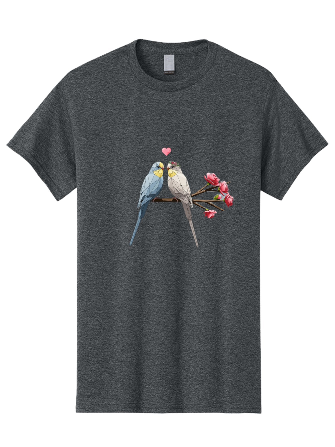 Lovebirds Men'S Graphic Tee, 100% Cotton, Comfortable Casual Summer Wear, Machine Washable, Low Poly Lovebirds, Pink Flowers, Couple Birds, Love Heart, Tender Moment, Geometric Art, Pastel Colors, Romantic Scene, Valentine'S Day Baa934 6