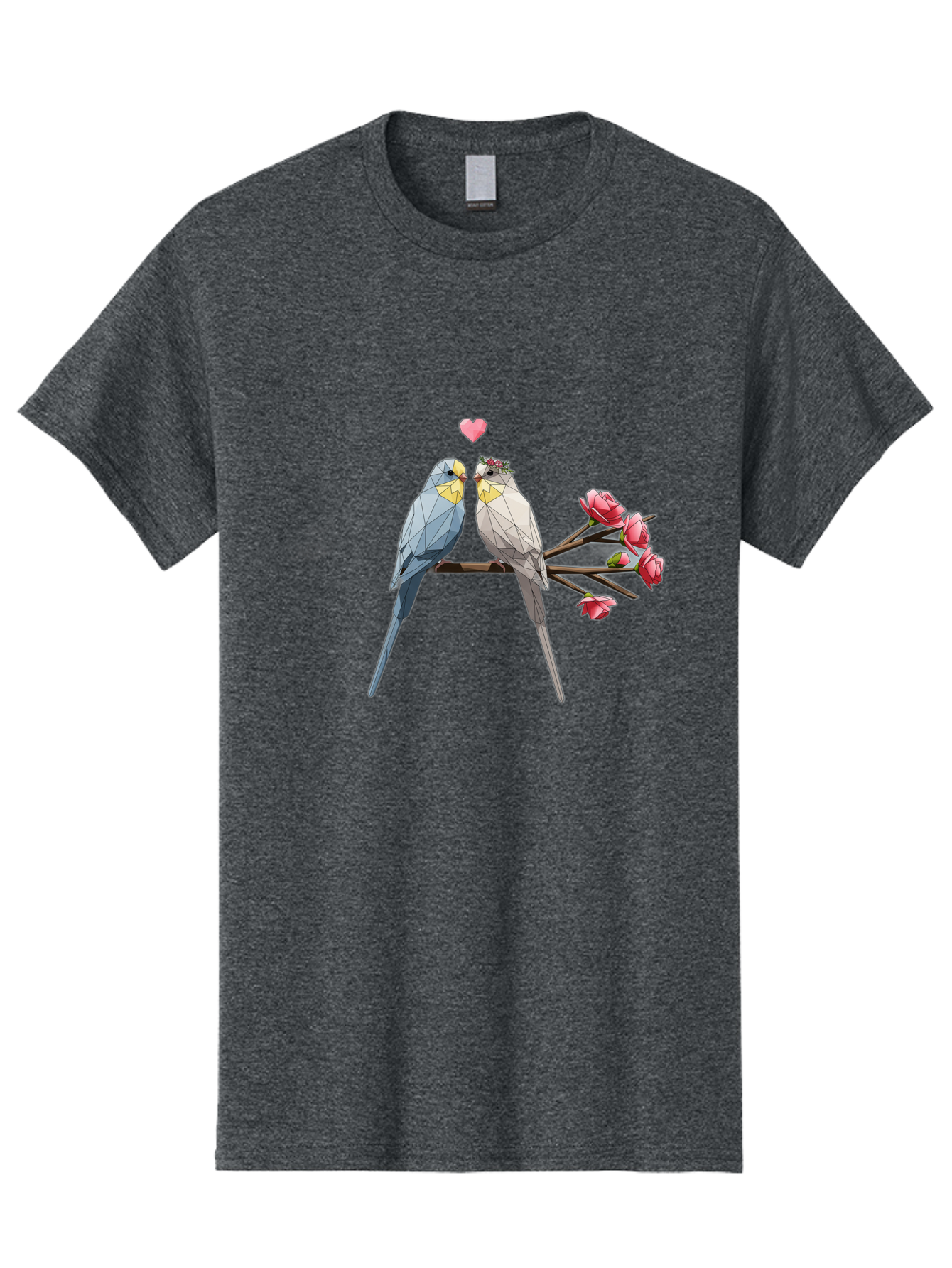Lovebirds Men'S Graphic Tee, 100% Cotton, Comfortable Casual Summer Wear, Machine Washable, Low Poly Lovebirds, Pink Flowers, Couple Birds, Love Heart, Tender Moment, Geometric Art, Pastel Colors, Romantic Scene, Valentine'S Day Baa934 13