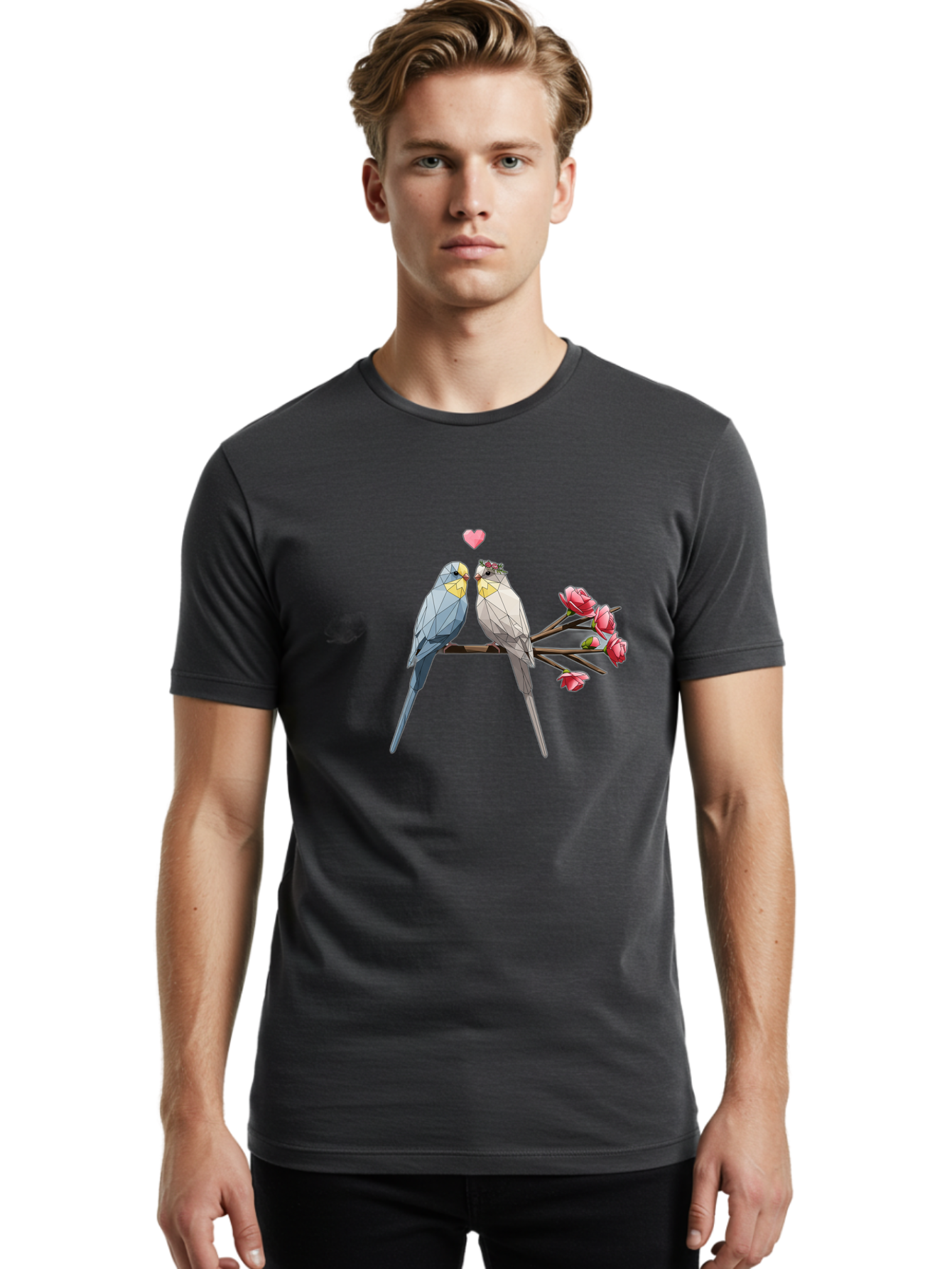 Lovebirds Men'S Graphic Tee, 100% Cotton, Comfortable Casual Summer Wear, Machine Washable, Low Poly Lovebirds, Pink Flowers, Couple Birds, Love Heart, Tender Moment, Geometric Art, Pastel Colors, Romantic Scene, Valentine'S Day Baa934 14