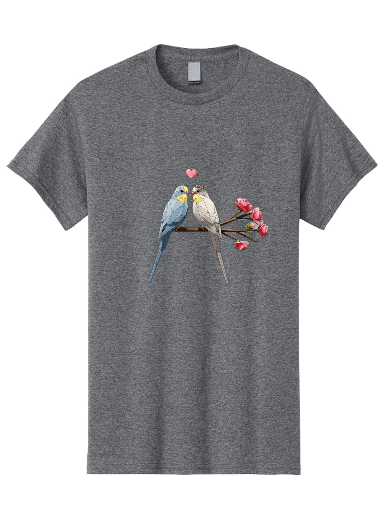 Lovebirds Men'S Graphic Tee, 100% Cotton, Comfortable Casual Summer Wear, Machine Washable, Low Poly Lovebirds, Pink Flowers, Couple Birds, Love Heart, Tender Moment, Geometric Art, Pastel Colors, Romantic Scene, Valentine'S Day Baa934 3