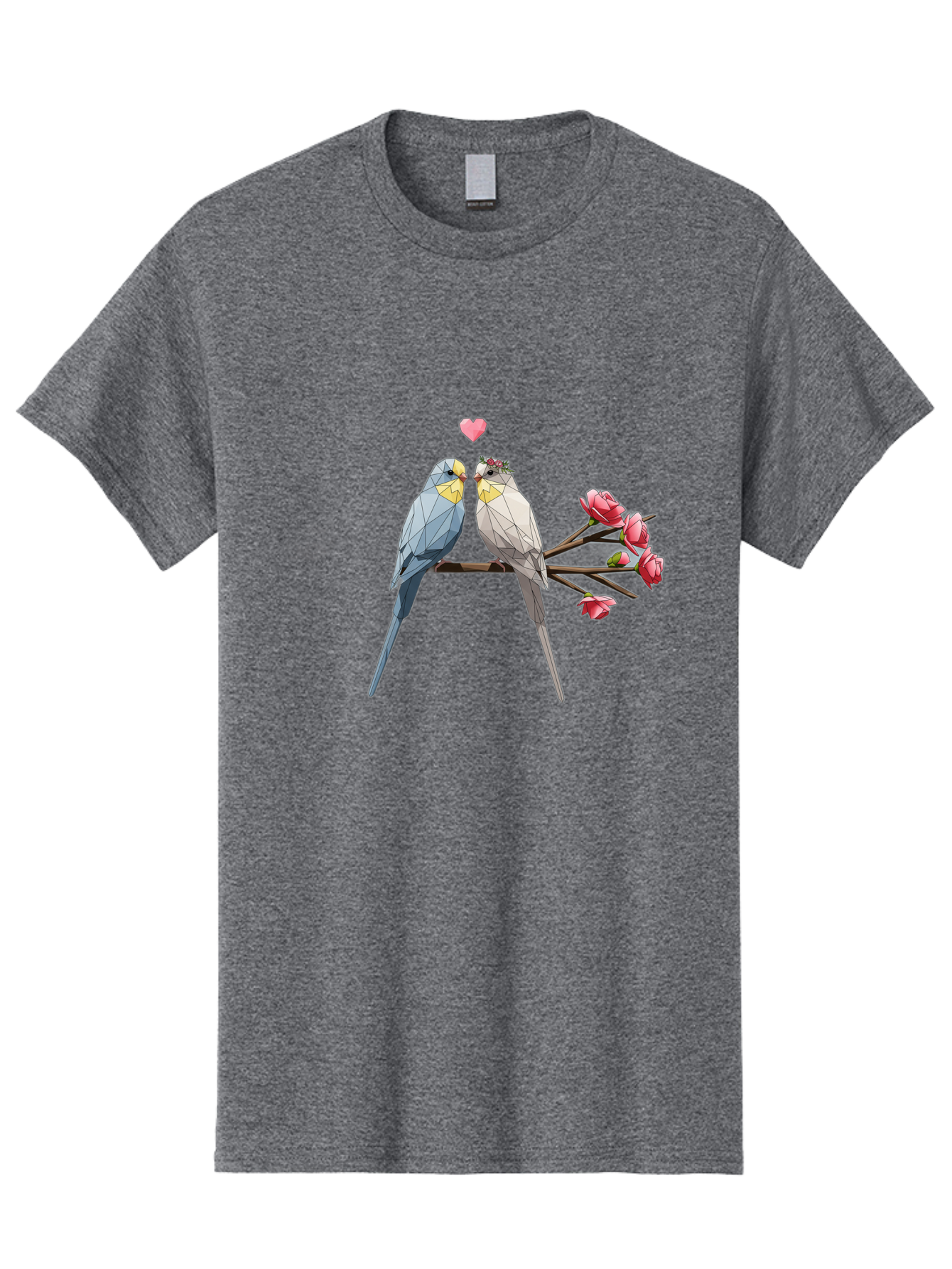 Lovebirds Men'S Graphic Tee, 100% Cotton, Comfortable Casual Summer Wear, Machine Washable, Low Poly Lovebirds, Pink Flowers, Couple Birds, Love Heart, Tender Moment, Geometric Art, Pastel Colors, Romantic Scene, Valentine'S Day Baa934 17