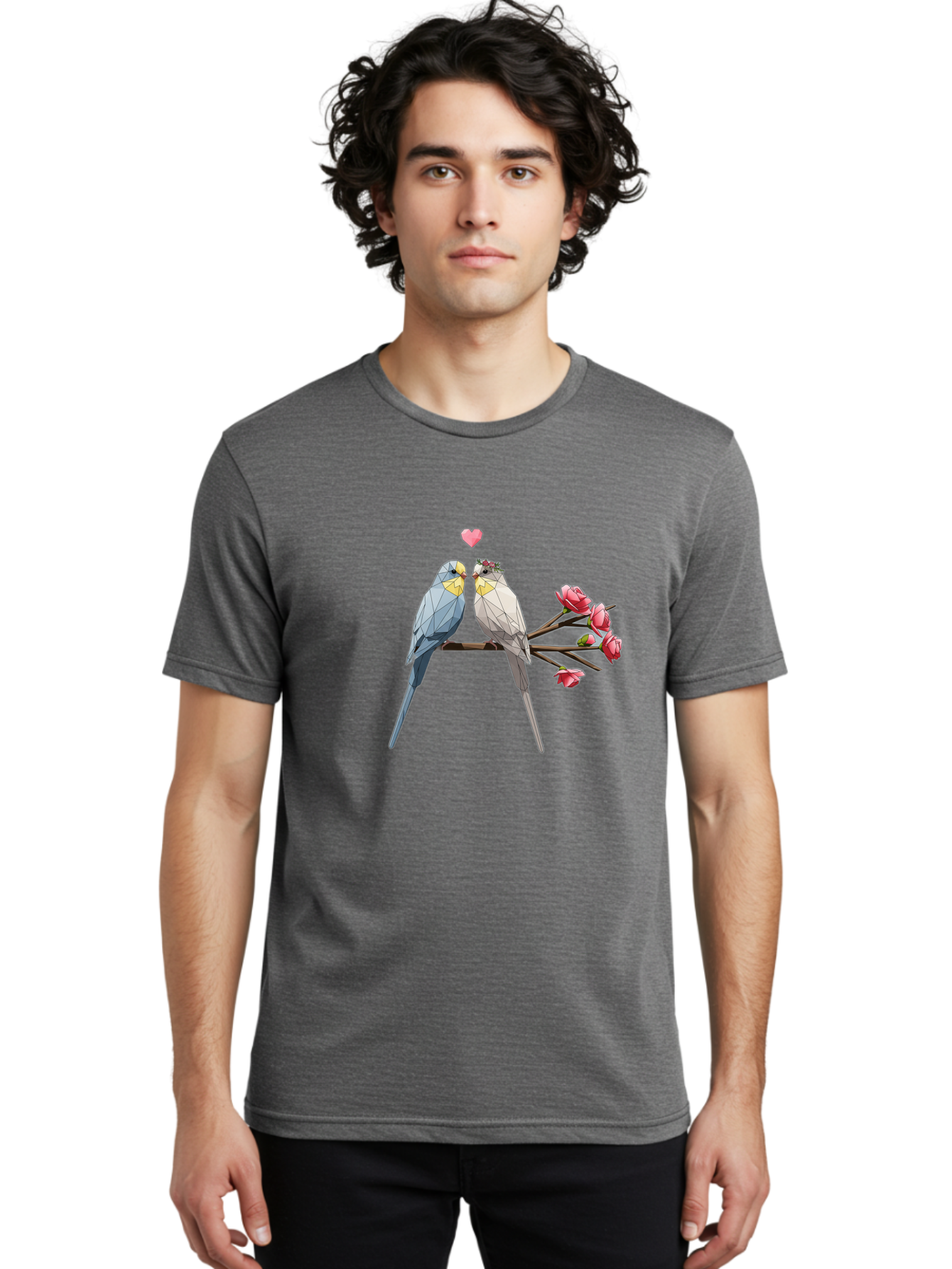 Lovebirds Men'S Graphic Tee, 100% Cotton, Comfortable Casual Summer Wear, Machine Washable, Low Poly Lovebirds, Pink Flowers, Couple Birds, Love Heart, Tender Moment, Geometric Art, Pastel Colors, Romantic Scene, Valentine'S Day Baa934 18