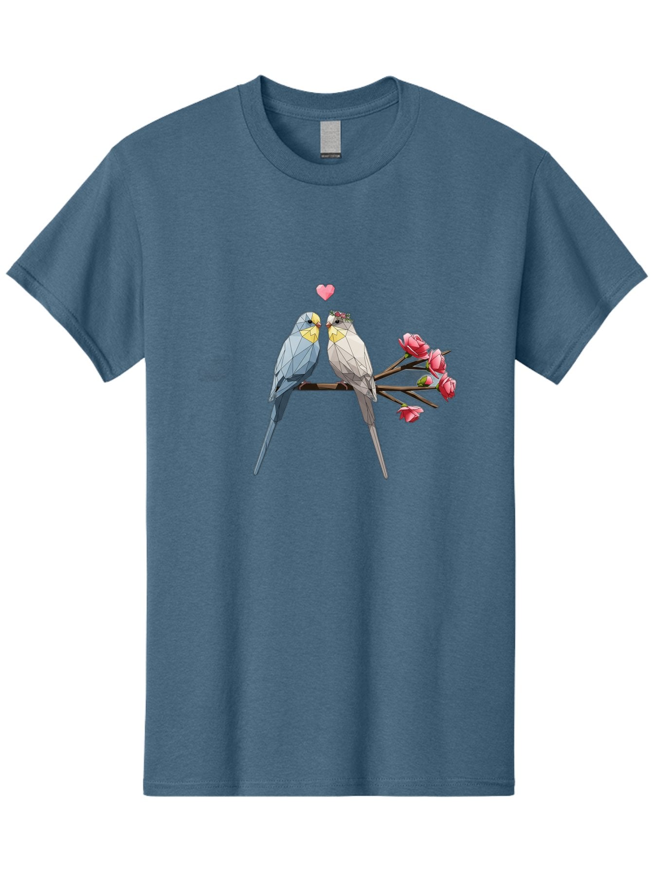 Lovebirds Men'S Graphic Tee, 100% Cotton, Comfortable Casual Summer Wear, Machine Washable, Low Poly Lovebirds, Pink Flowers, Couple Birds, Love Heart, Tender Moment, Geometric Art, Pastel Colors, Romantic Scene, Valentine'S Day Baa934 4