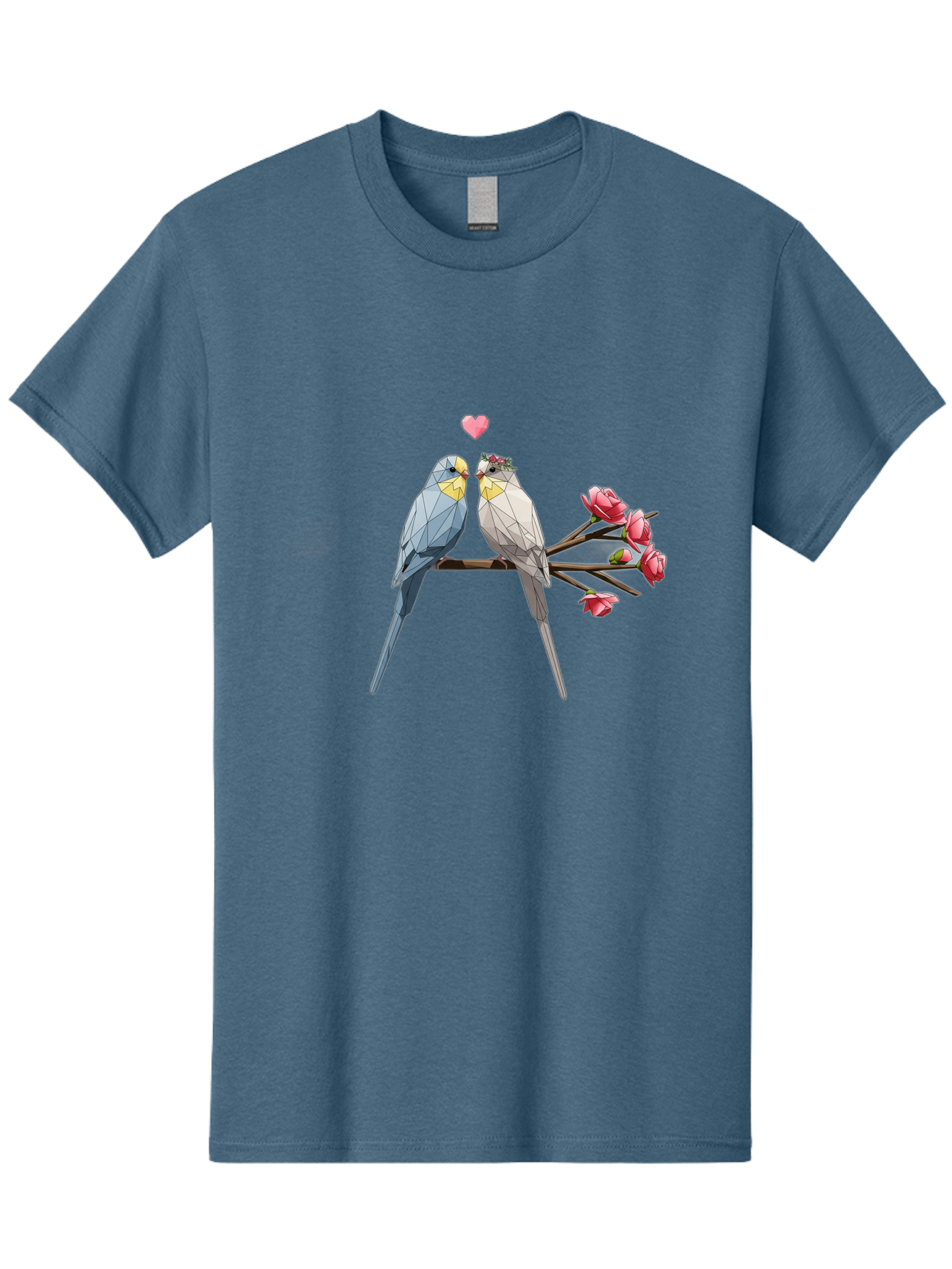 Lovebirds Men'S Graphic Tee, 100% Cotton, Comfortable Casual Summer Wear, Machine Washable, Low Poly Lovebirds, Pink Flowers, Couple Birds, Love Heart, Tender Moment, Geometric Art, Pastel Colors, Romantic Scene, Valentine'S Day Baa934 23